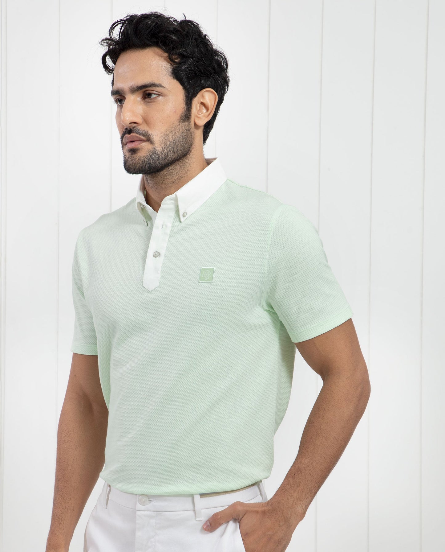 Rare Rabbit Men's Parmat Light Green Cotton Fabric Collared Neck Half Sleeves Woven Textured Popcorn Polo T-Shirt