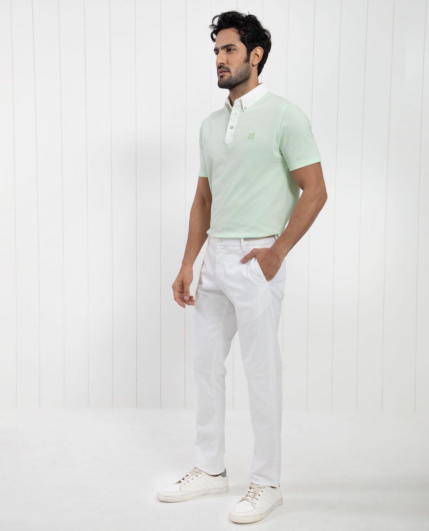 Rare Rabbit Men's Parmat Light Green Cotton Fabric Collared Neck Half Sleeves Woven Textured Popcorn Polo T-Shirt