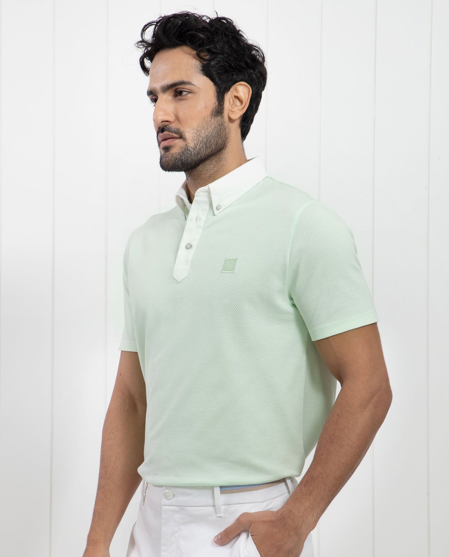 Rare Rabbit Men's Parmat Light Green Cotton Fabric Collared Neck Half Sleeves Woven Textured Popcorn Polo T-Shirt