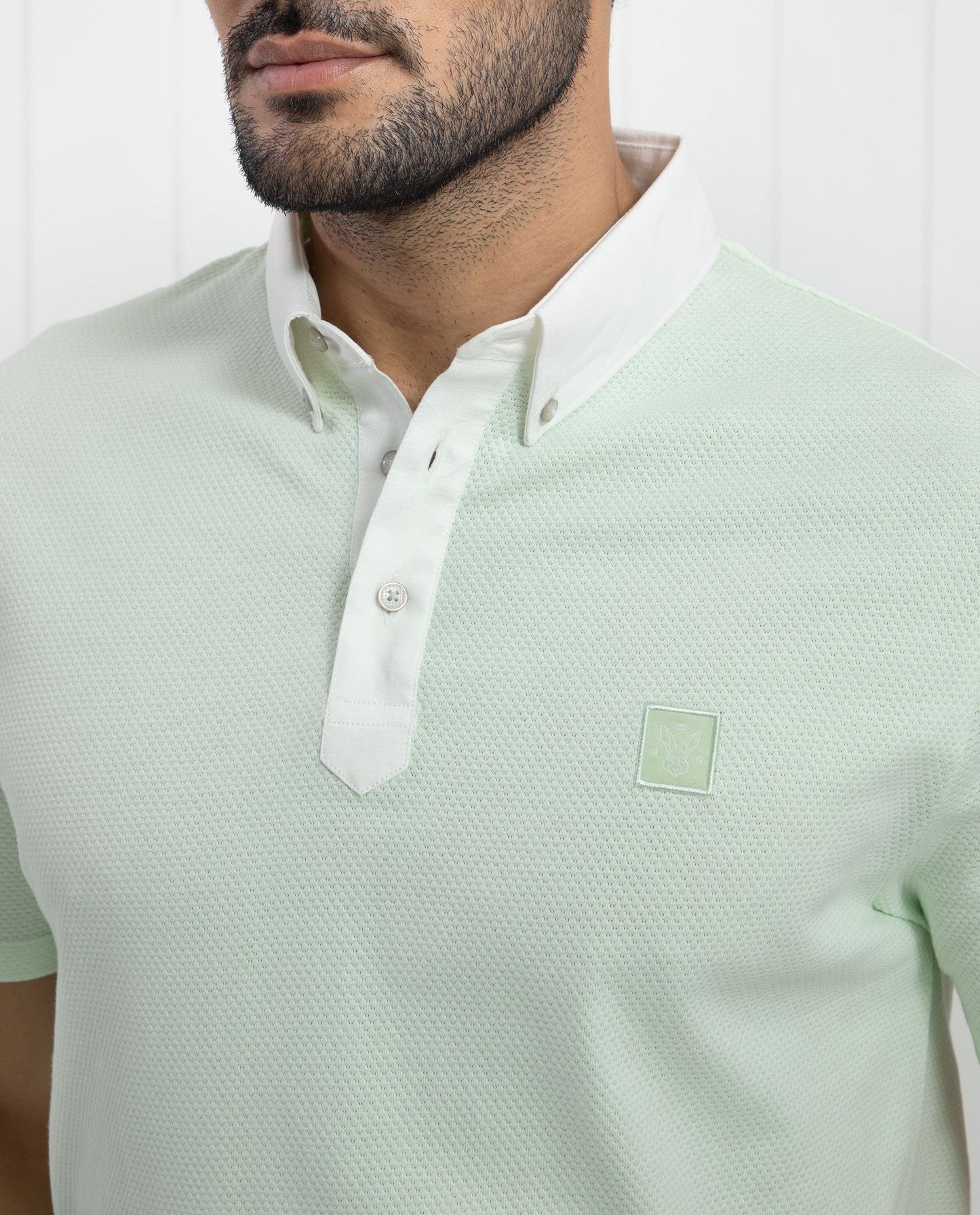 Rare Rabbit Men's Parmat Light Green Cotton Fabric Collared Neck Half Sleeves Woven Textured Popcorn Polo T-Shirt