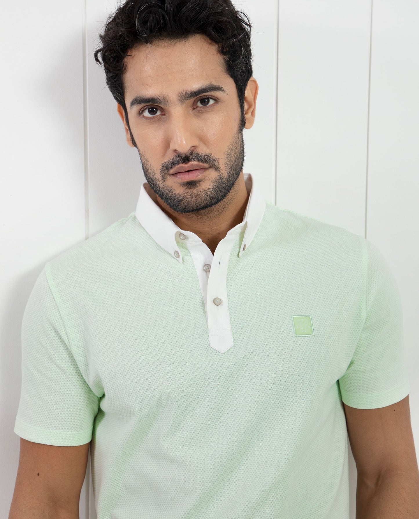 Rare Rabbit Men's Parmat Light Green Cotton Fabric Collared Neck Half Sleeves Woven Textured Popcorn Polo T-Shirt