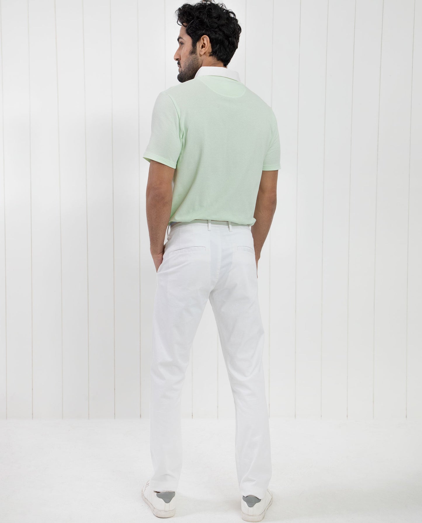 Rare Rabbit Men's Parmat Light Green Cotton Fabric Collared Neck Half Sleeves Woven Textured Popcorn Polo T-Shirt