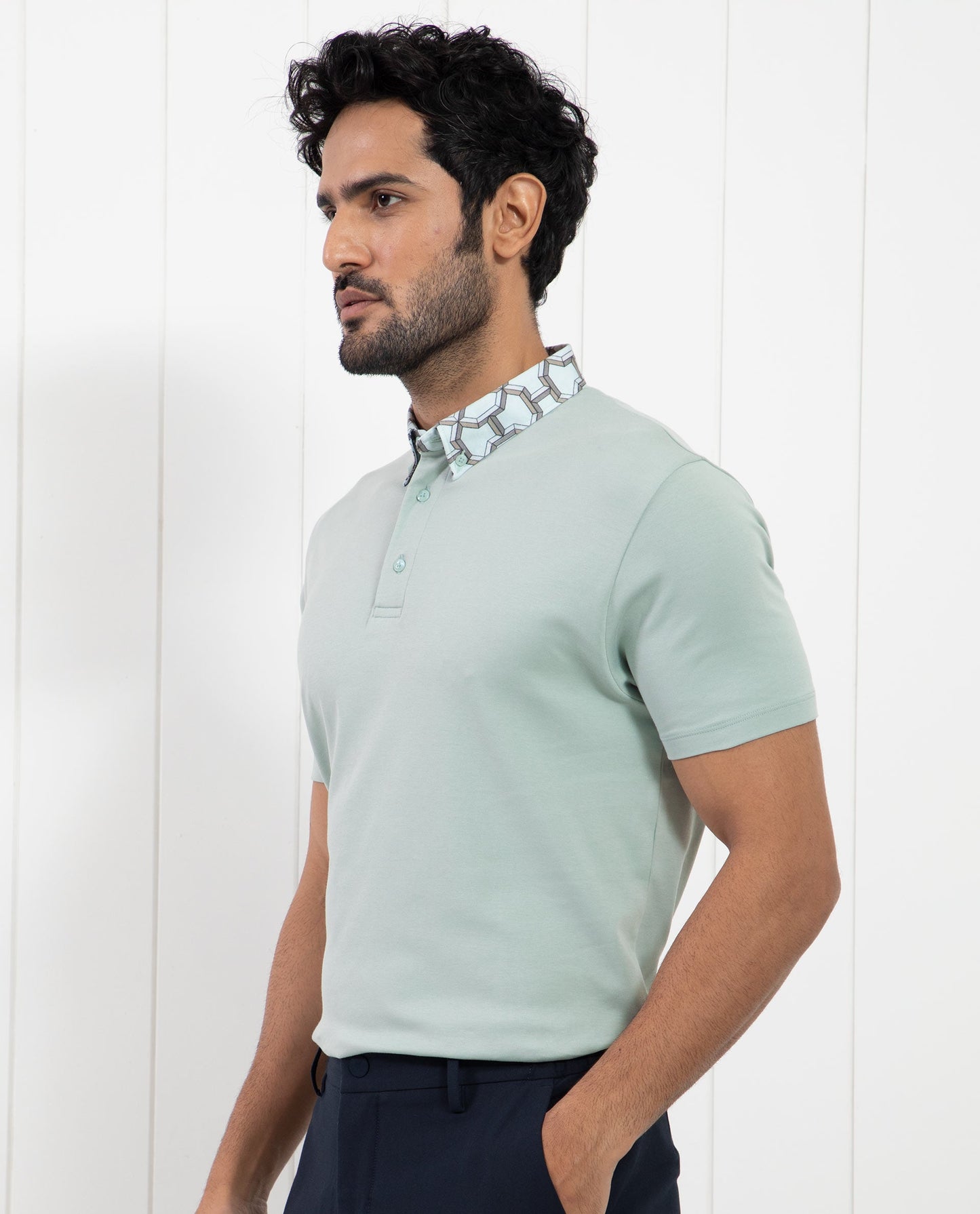 Rare Rabbit Men's Ringer-1 Light Green Cotton Fabric Printed Collar Half Sleeves Polo T-Shirt
