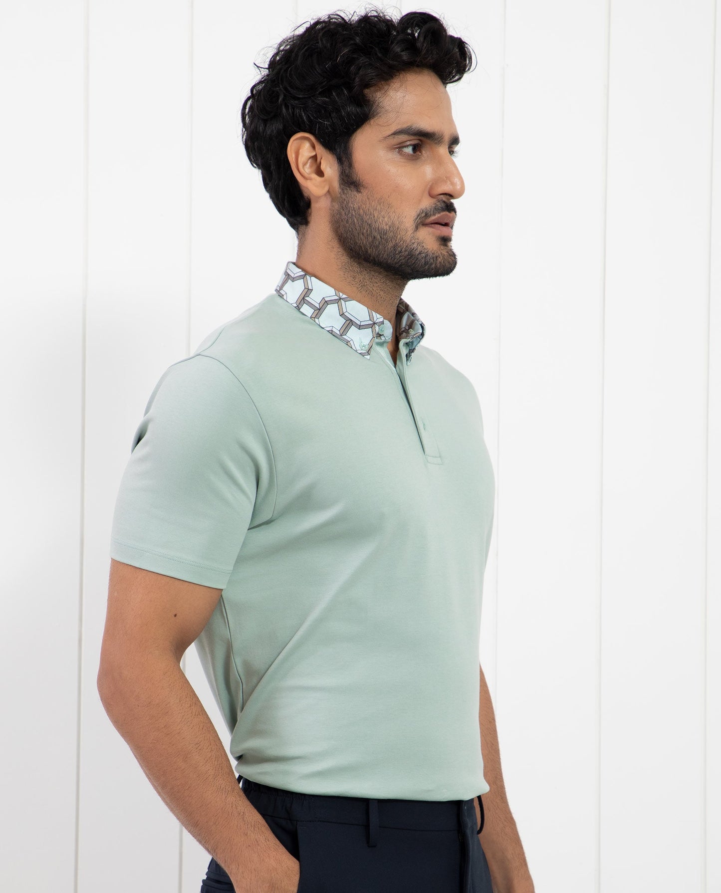 Rare Rabbit Men's Ringer-1 Light Green Cotton Fabric Printed Collar Half Sleeves Polo T-Shirt