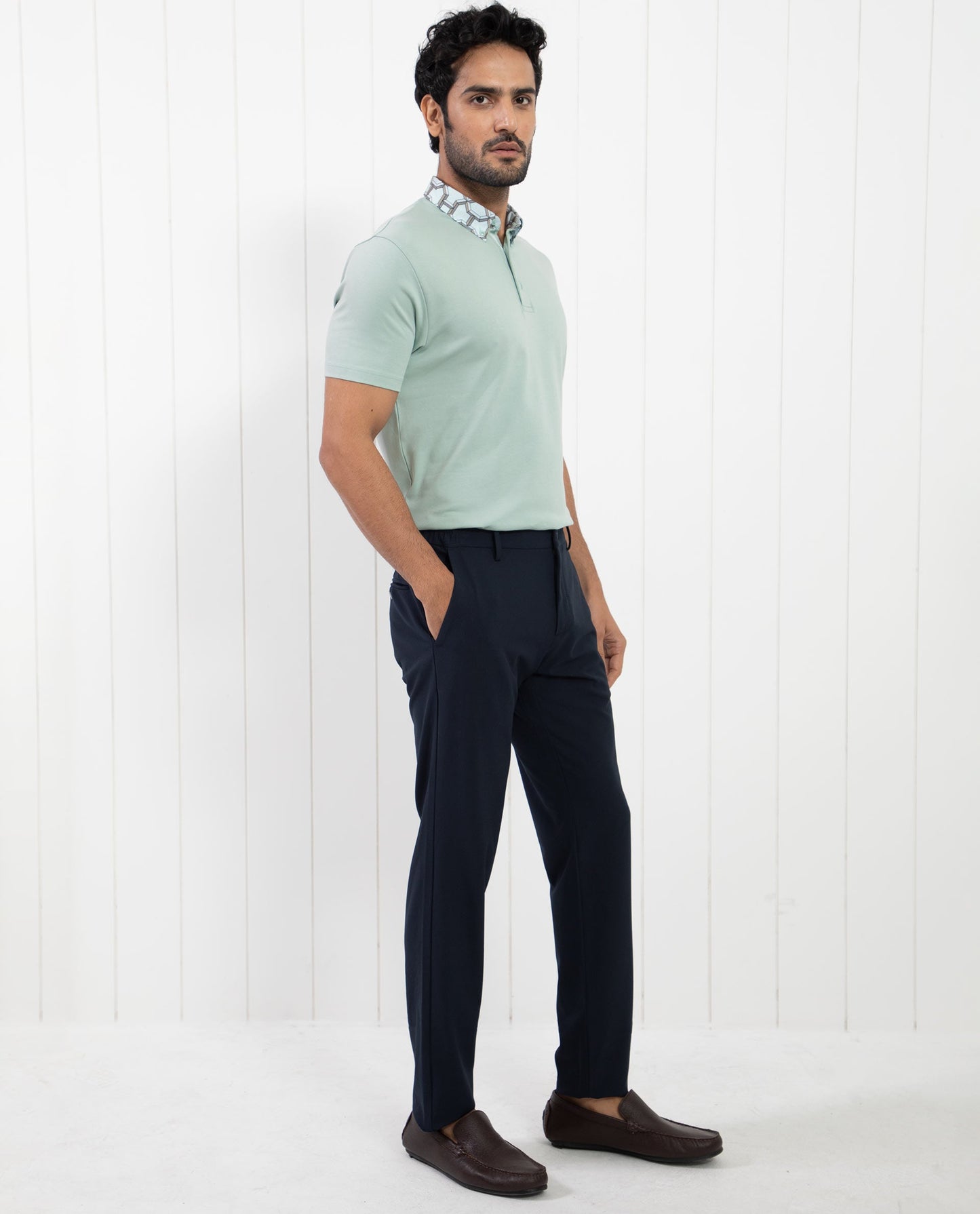 Rare Rabbit Men's Ringer-1 Light Green Cotton Fabric Printed Collar Half Sleeves Polo T-Shirt