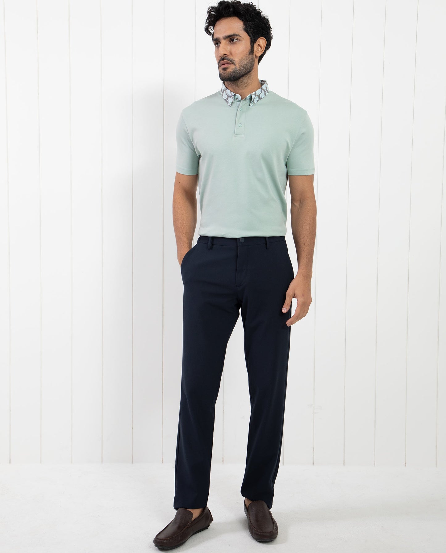 Rare Rabbit Men's Ringer-1 Light Green Cotton Fabric Printed Collar Half Sleeves Polo T-Shirt