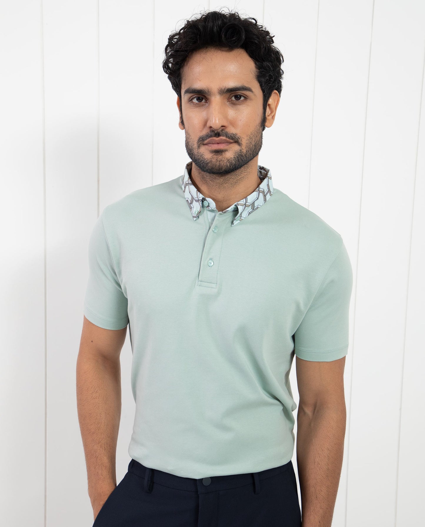 Rare Rabbit Men's Ringer-1 Light Green Cotton Fabric Printed Collar Half Sleeves Polo T-Shirt