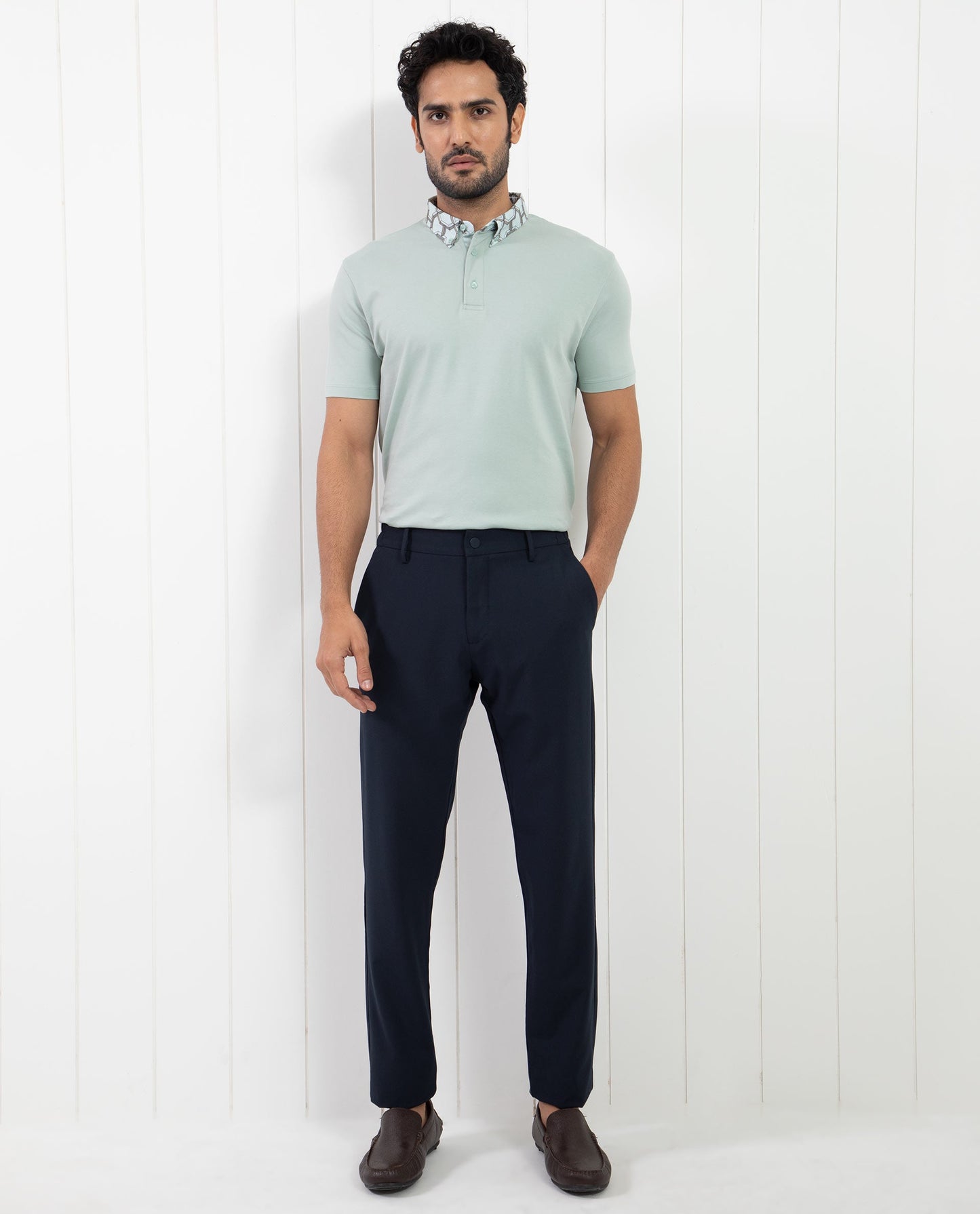 Rare Rabbit Men's Ringer-1 Light Green Cotton Fabric Printed Collar Half Sleeves Polo T-Shirt