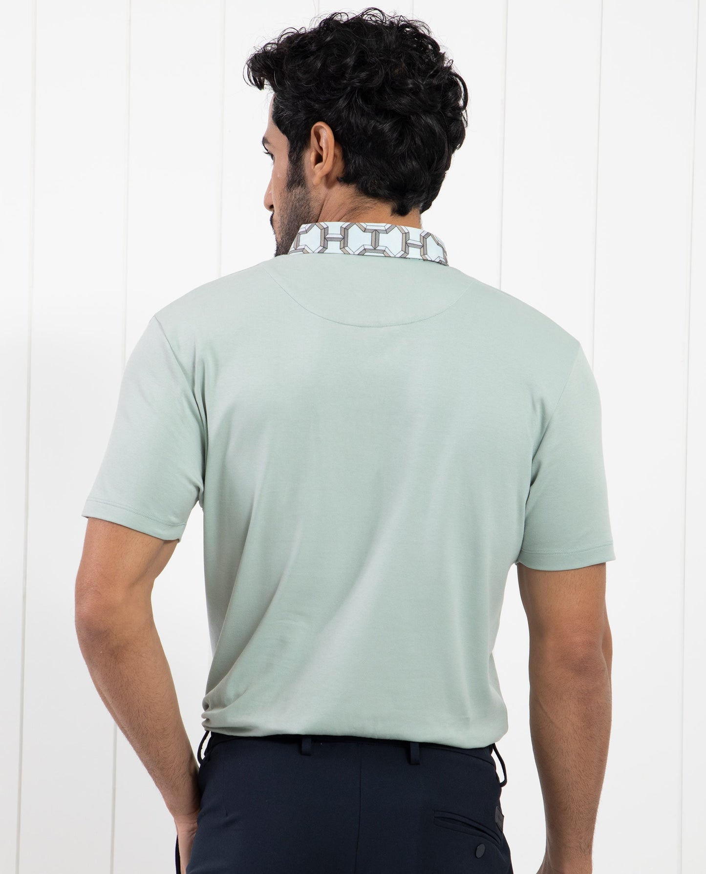 Rare Rabbit Men's Ringer-1 Light Green Cotton Fabric Printed Collar Half Sleeves Polo T-Shirt