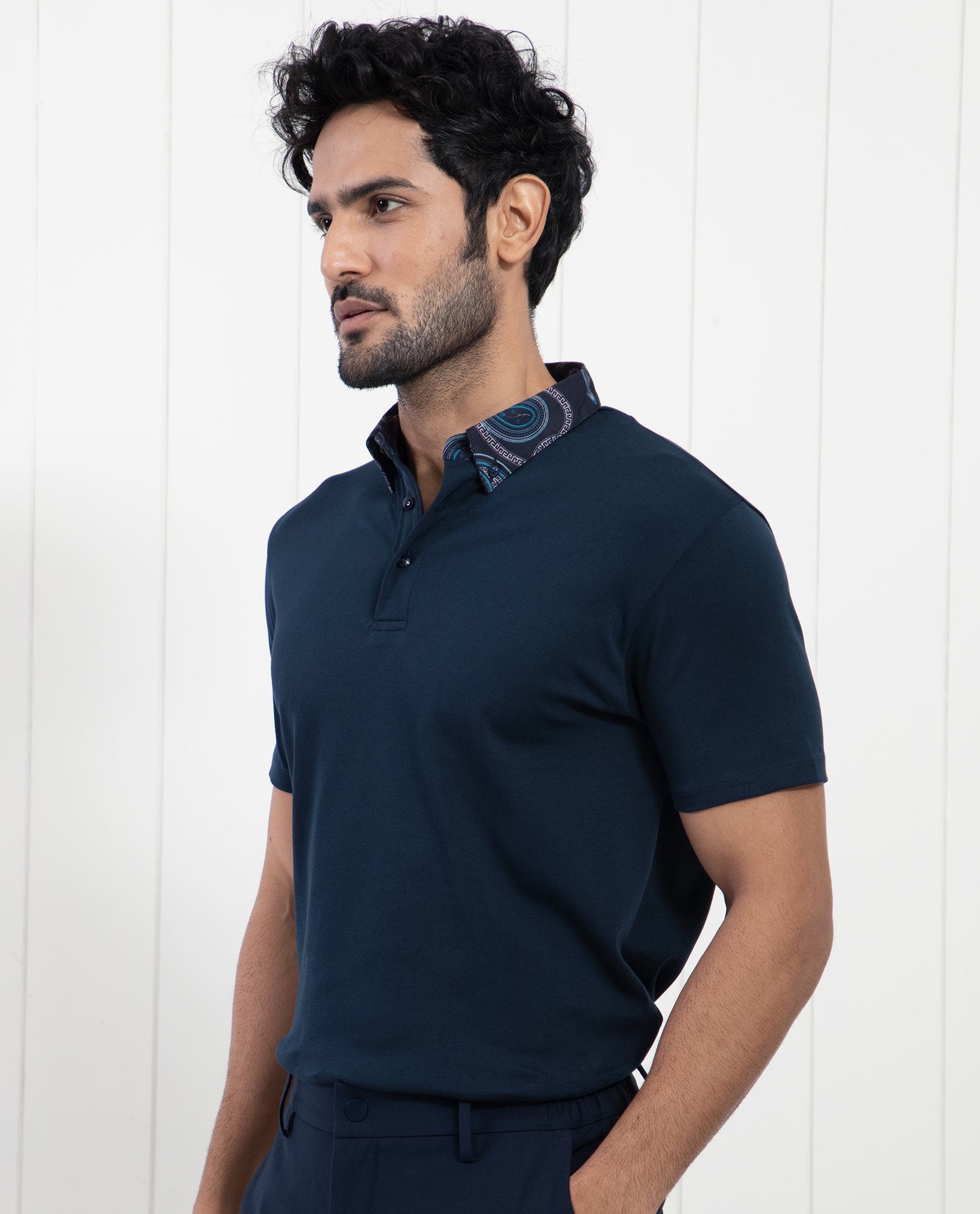 Rare Rabbit Men's Ringer-1 Navy Cotton Fabric Printed Collar Neck Half Sleeves Polo T-Shirt