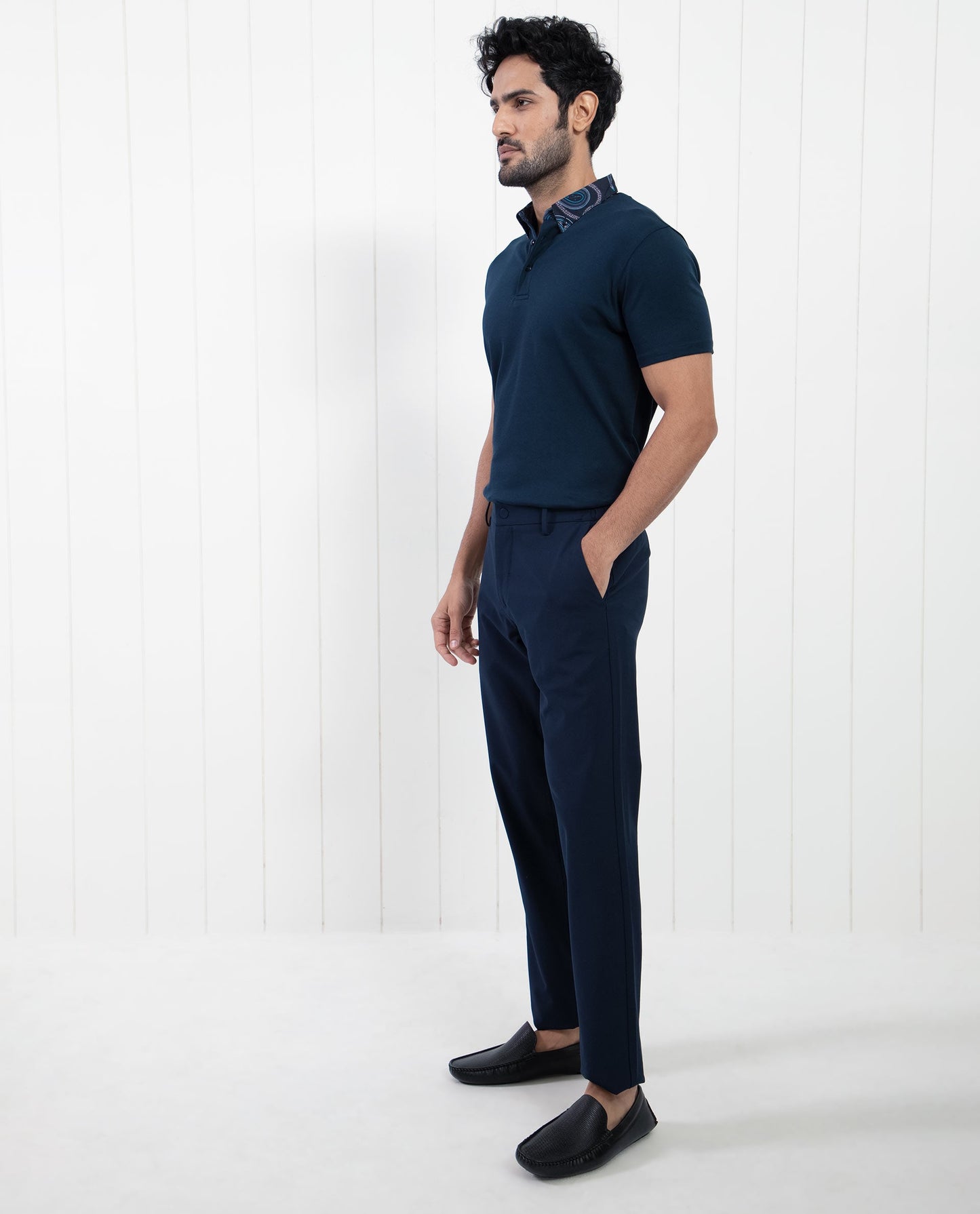 Rare Rabbit Men's Ringer-1 Navy Cotton Fabric Printed Collar Neck Half Sleeves Polo T-Shirt