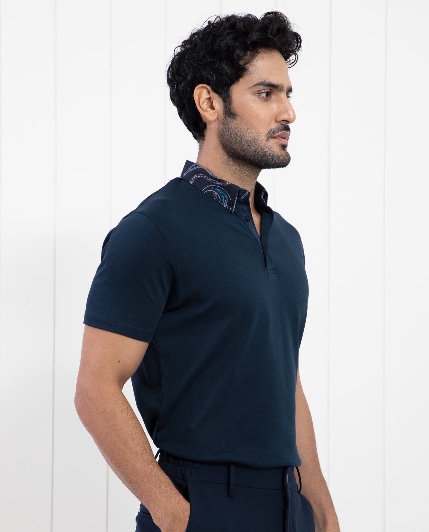 Rare Rabbit Men's Ringer-1 Navy Cotton Fabric Printed Collar Neck Half Sleeves Polo T-Shirt