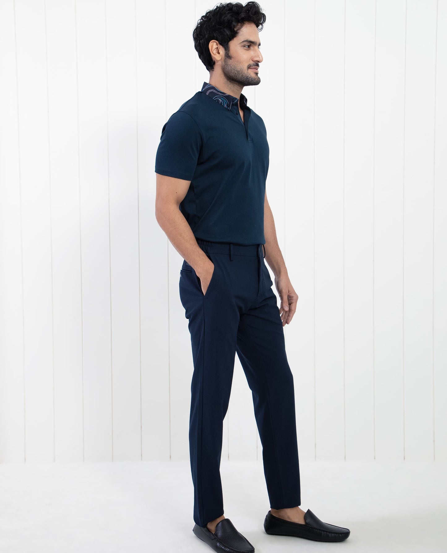 Rare Rabbit Men's Ringer-1 Navy Cotton Fabric Printed Collar Neck Half Sleeves Polo T-Shirt