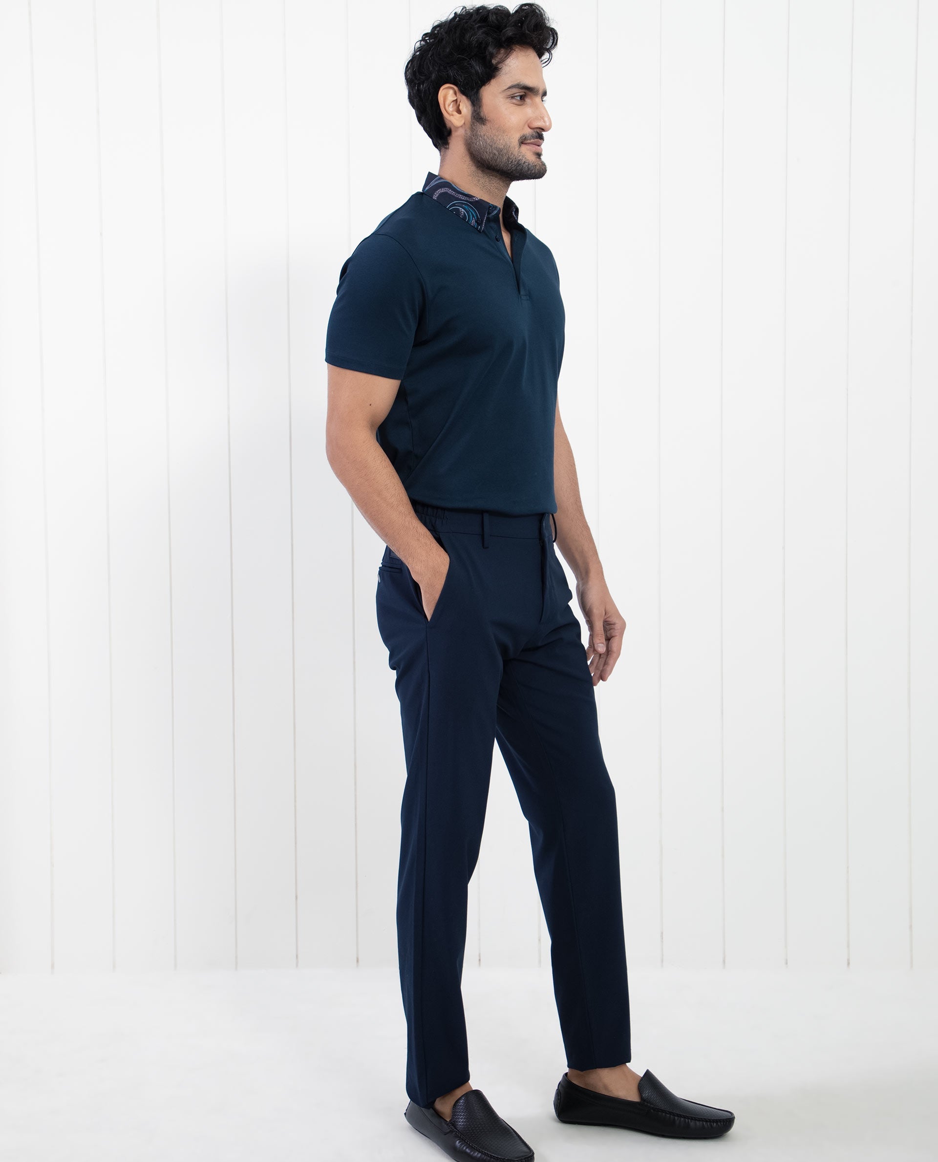 Rare Rabbit Men's Ringer-1 Navy Cotton Fabric Printed Collar Neck Half Sleeves Polo T-Shirt