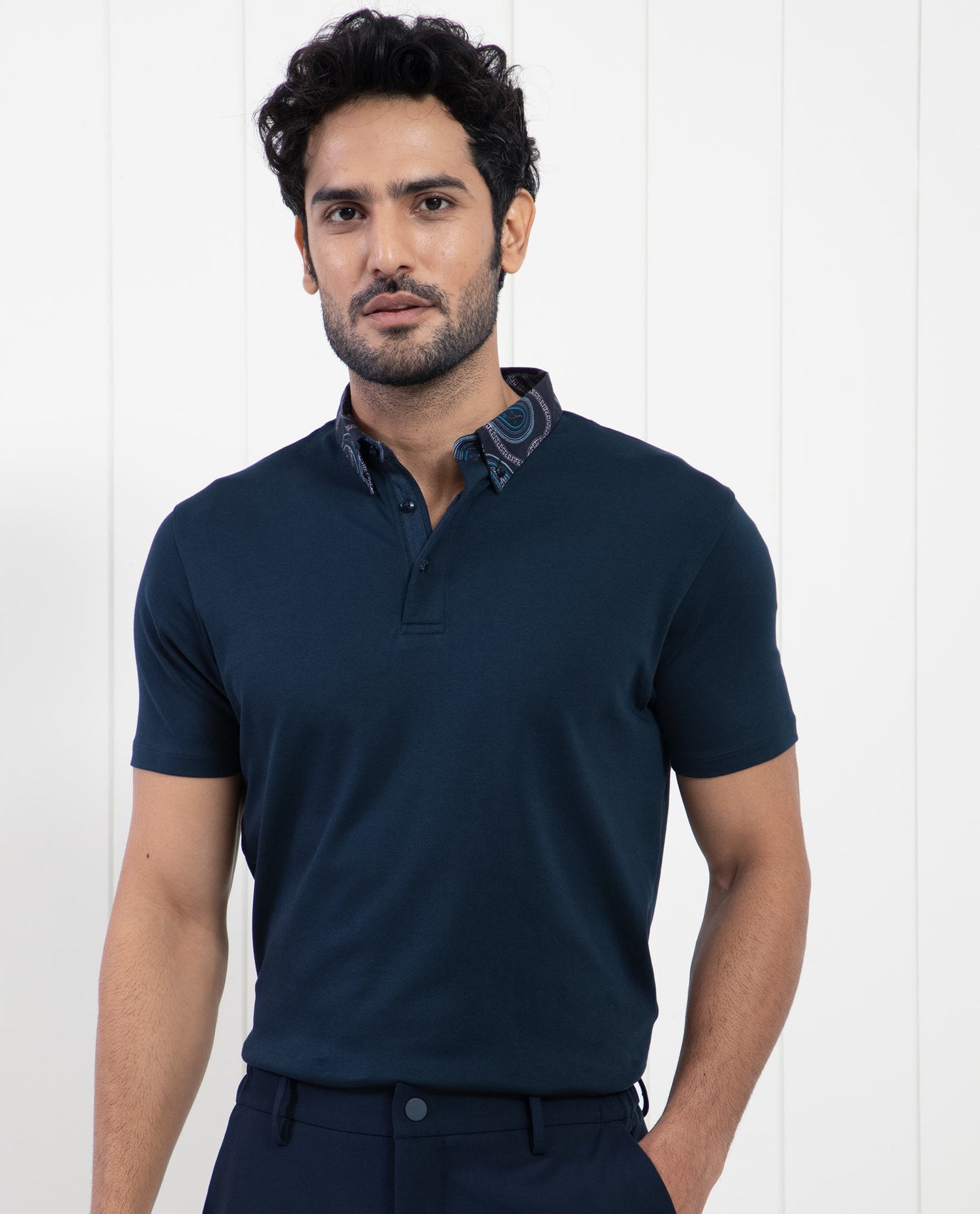 Rare Rabbit Men's Ringer-1 Navy Cotton Fabric Printed Collar Neck Half Sleeves Polo T-Shirt