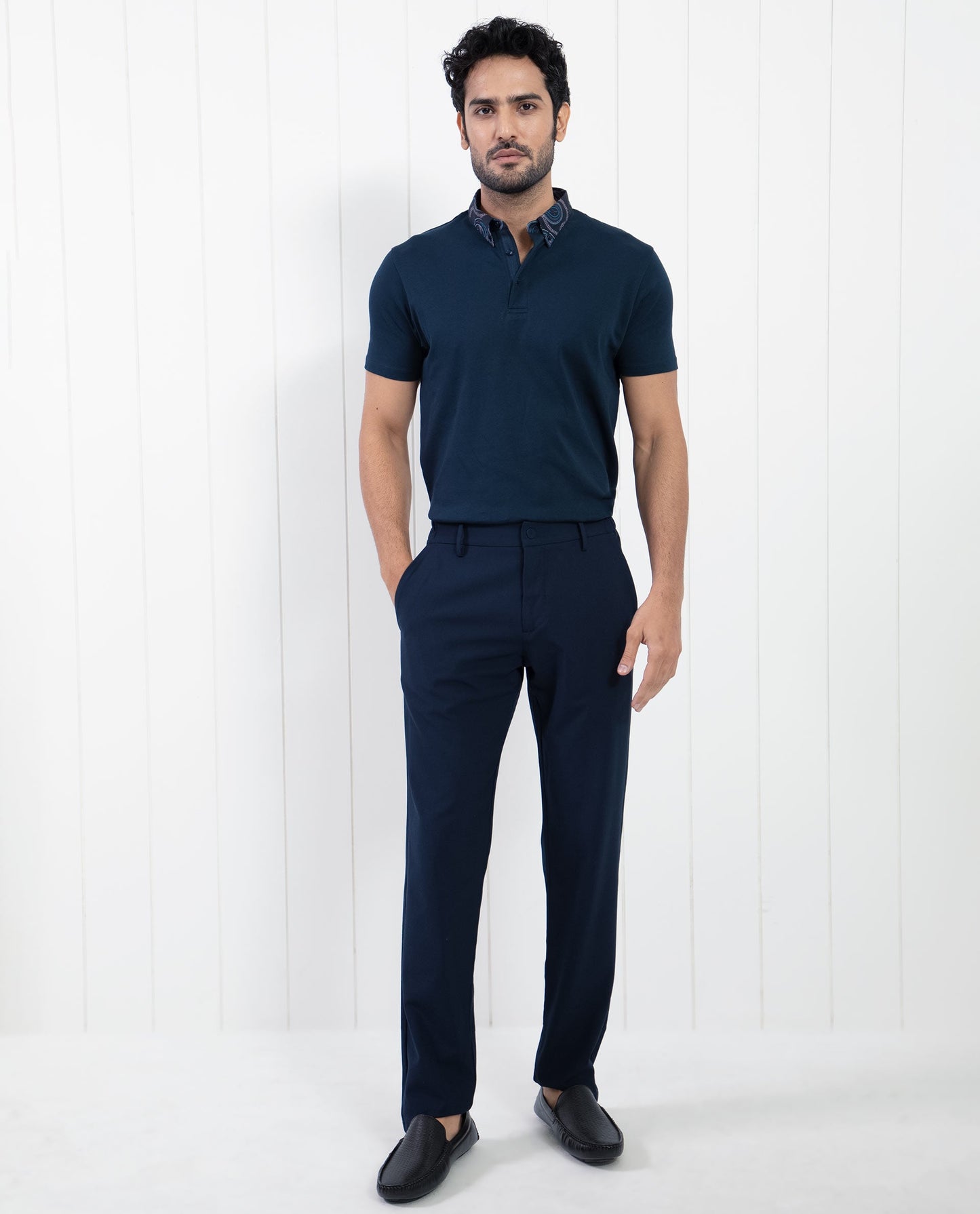 Rare Rabbit Men's Ringer-1 Navy Cotton Fabric Printed Collar Neck Half Sleeves Polo T-Shirt