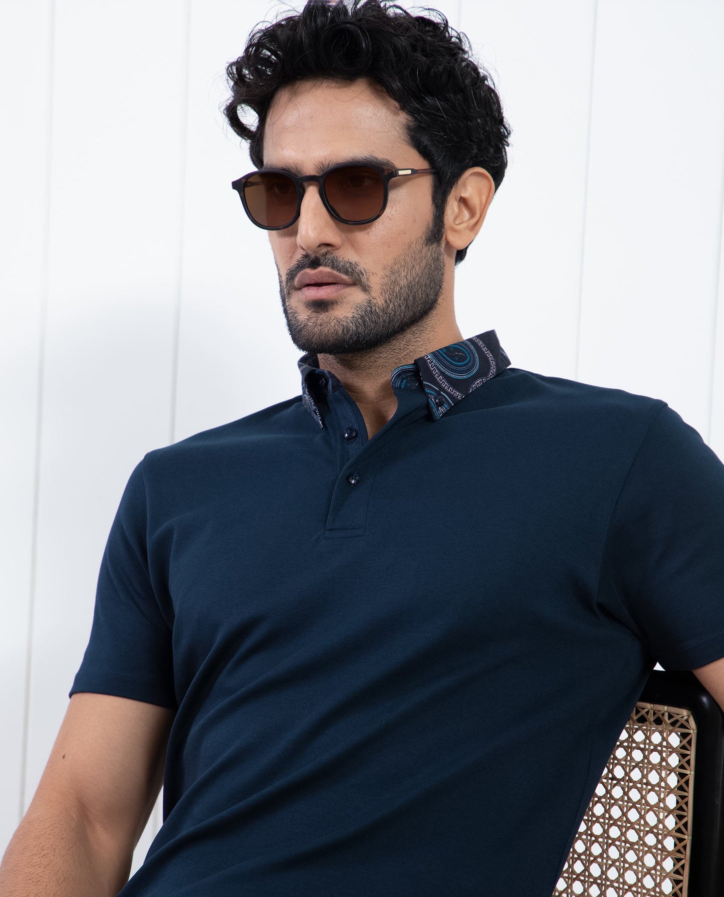 Rare Rabbit Men's Ringer-1 Navy Cotton Fabric Printed Collar Neck Half Sleeves Polo T-Shirt