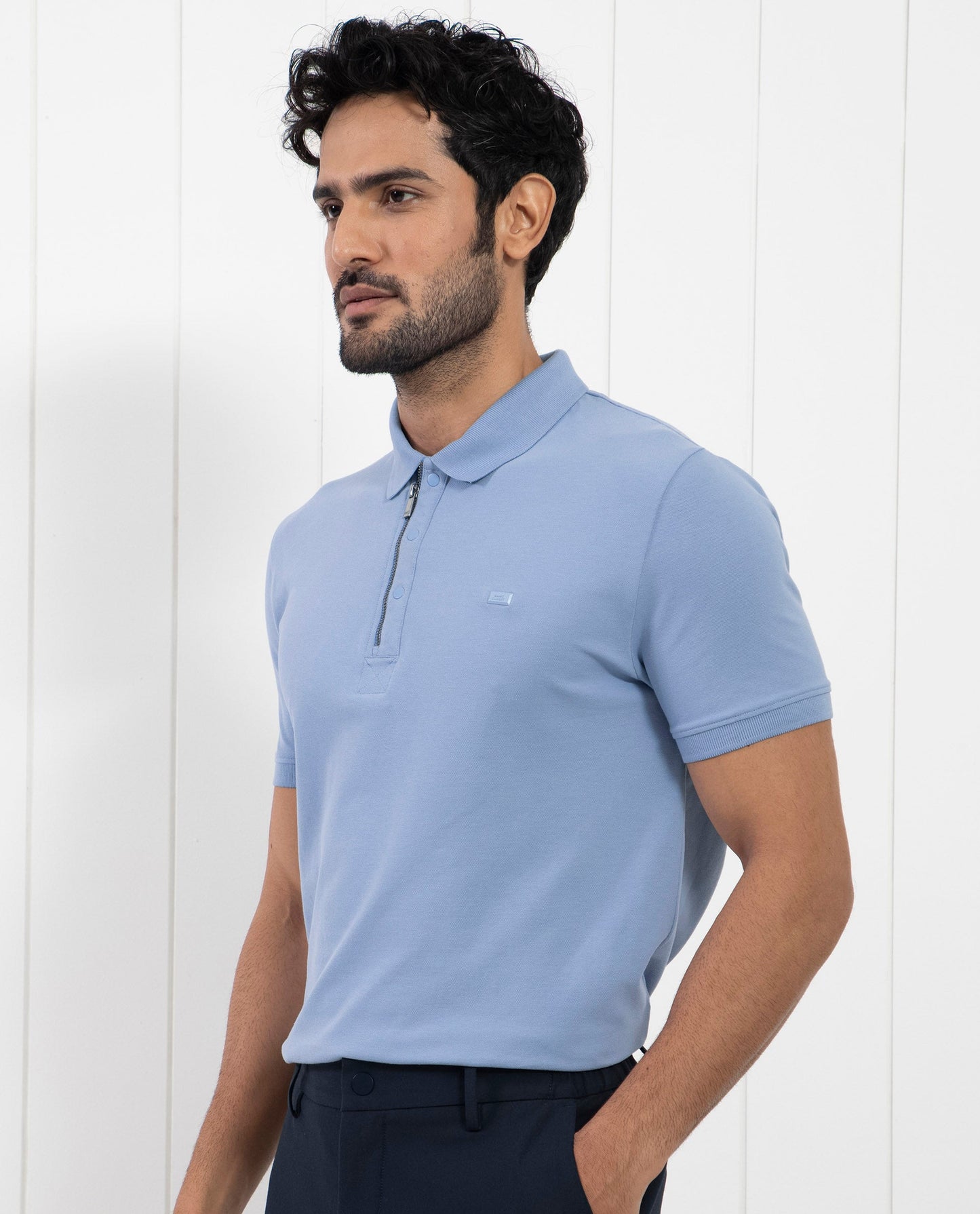 Rare Rabbit Men's Saliso Light Purple Cotton Fabric Collared Neck Zipper and Snap Button Closure Half Sleeve Polo T-Shirt