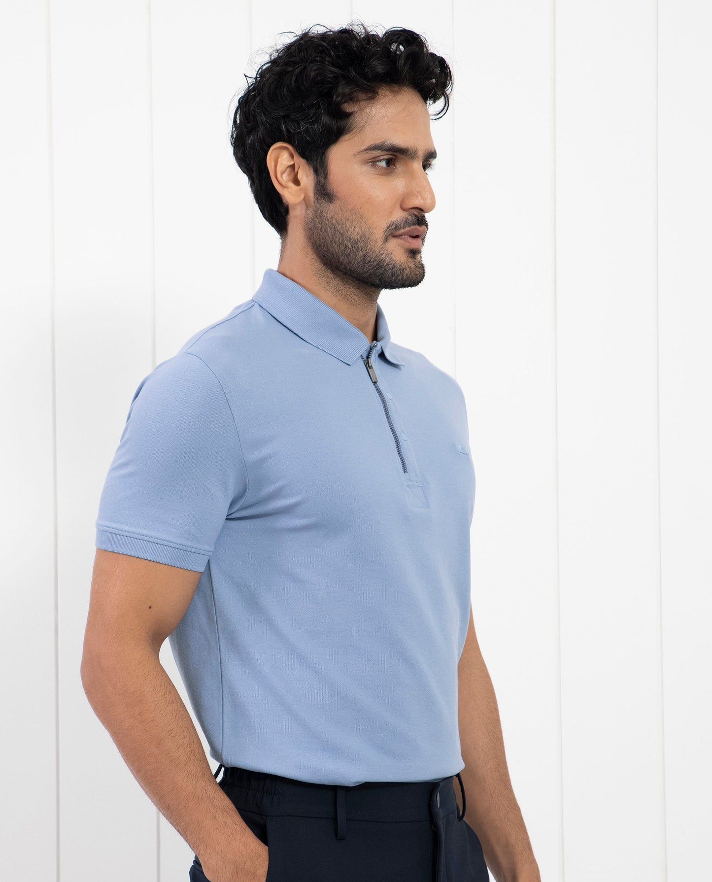 Rare Rabbit Men's Saliso Light Purple Cotton Fabric Collared Neck Zipper and Snap Button Closure Half Sleeve Polo T-Shirt