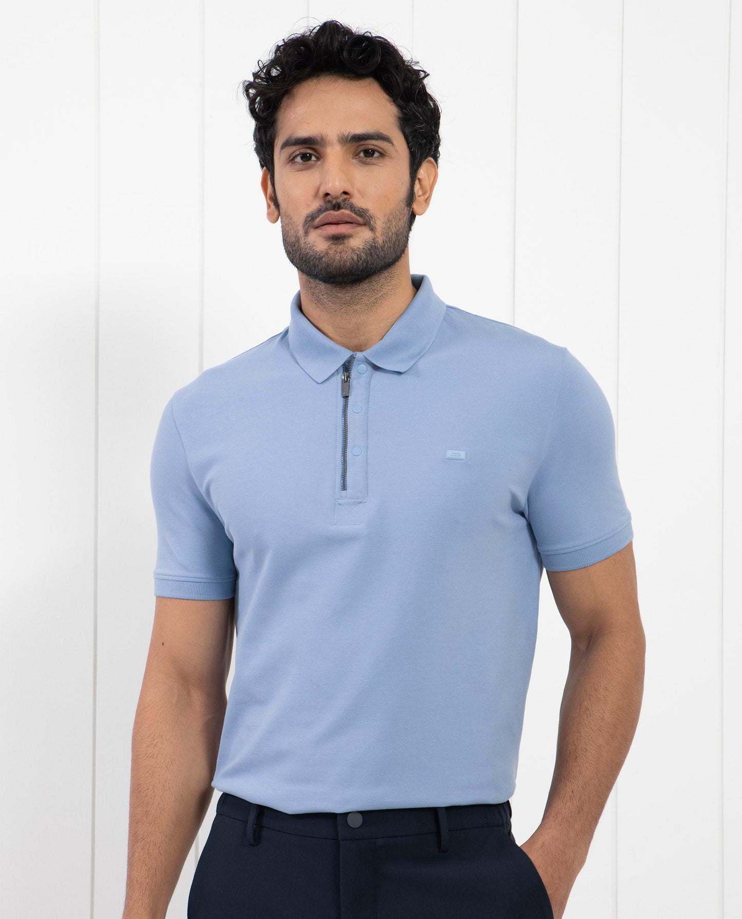Rare Rabbit Men's Saliso Light Purple Cotton Fabric Collared Neck Zipper and Snap Button Closure Half Sleeve Polo T-Shirt