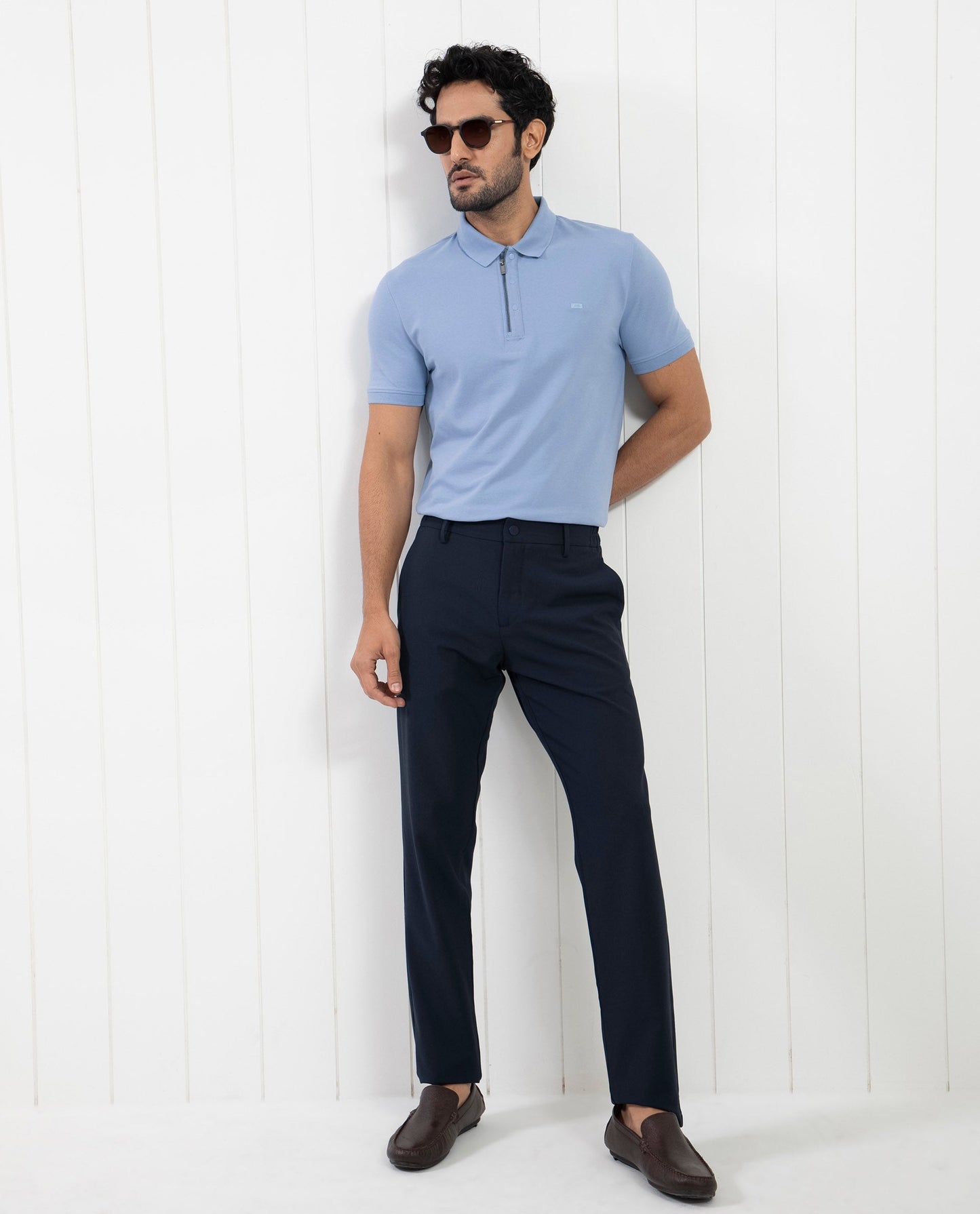 Rare Rabbit Men's Saliso Light Purple Cotton Fabric Collared Neck Zipper and Snap Button Closure Half Sleeve Polo T-Shirt