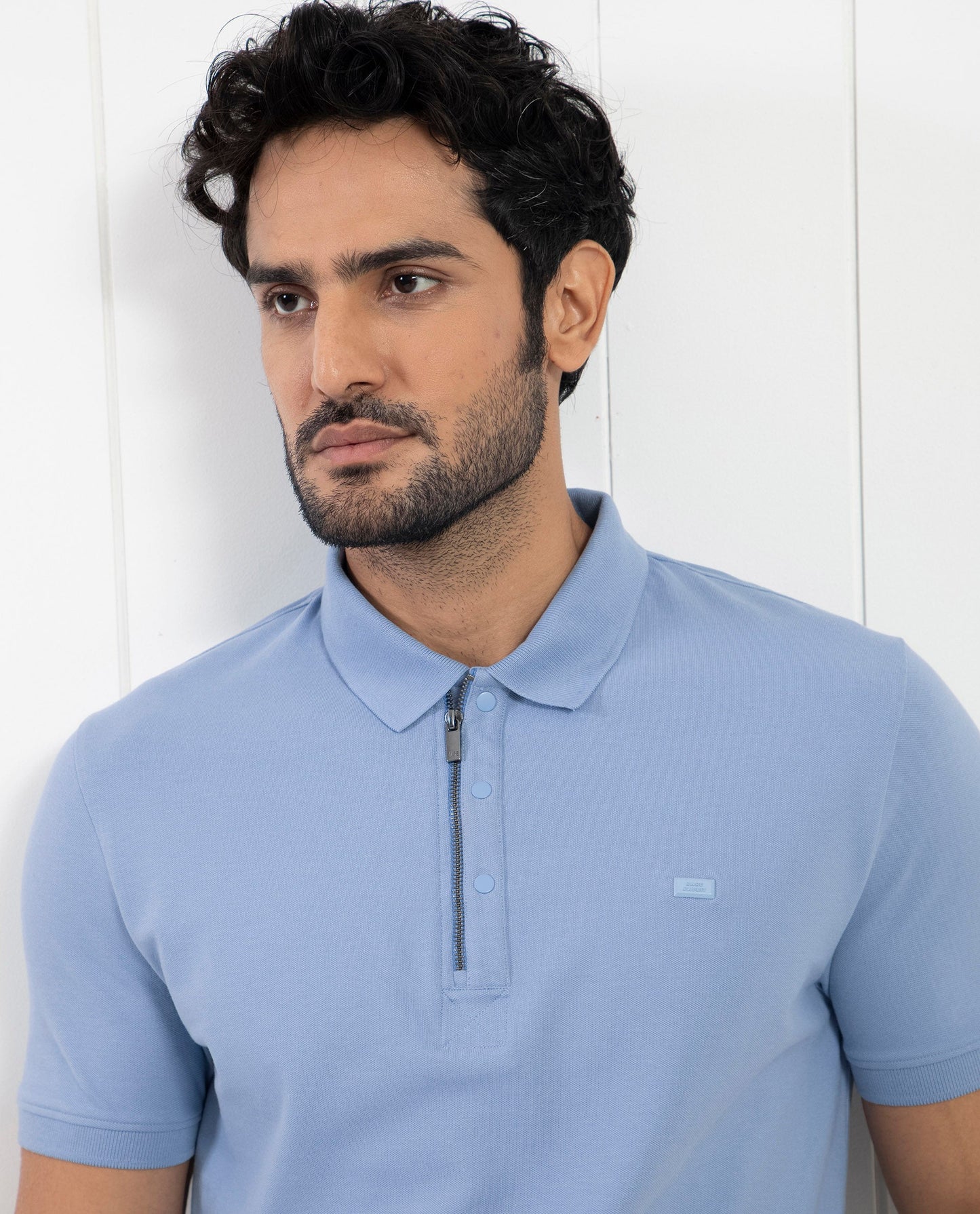 Rare Rabbit Men's Saliso Light Purple Cotton Fabric Collared Neck Zipper and Snap Button Closure Half Sleeve Polo T-Shirt