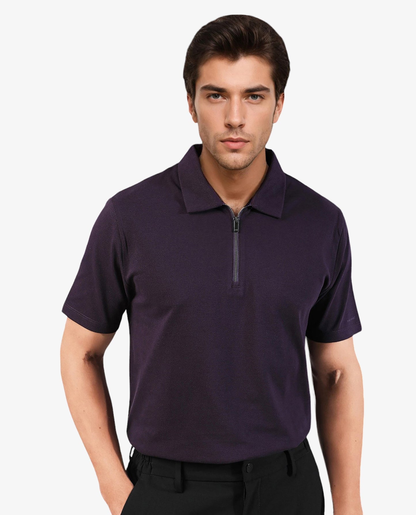 Rare Rabbit Men's Stel Maroon Cotton Fabric Collared Neck Zipper Closure Half Sleeves Flat Knit Polo T-Shirt