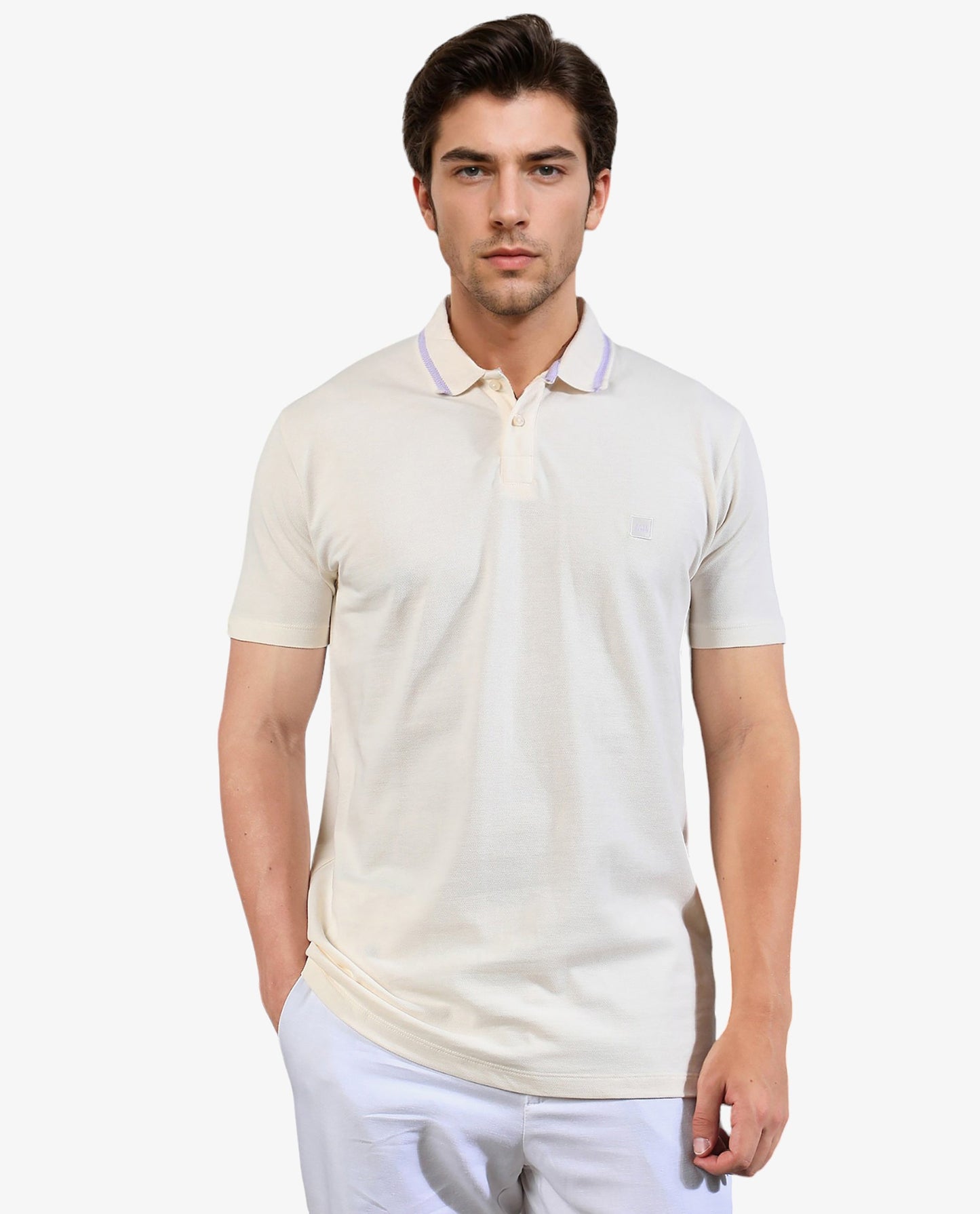 Rare Rabbit Men's Taper Off White Cotton Fabric Collared Neck Half Sleeves Textured Polo T-Shirt