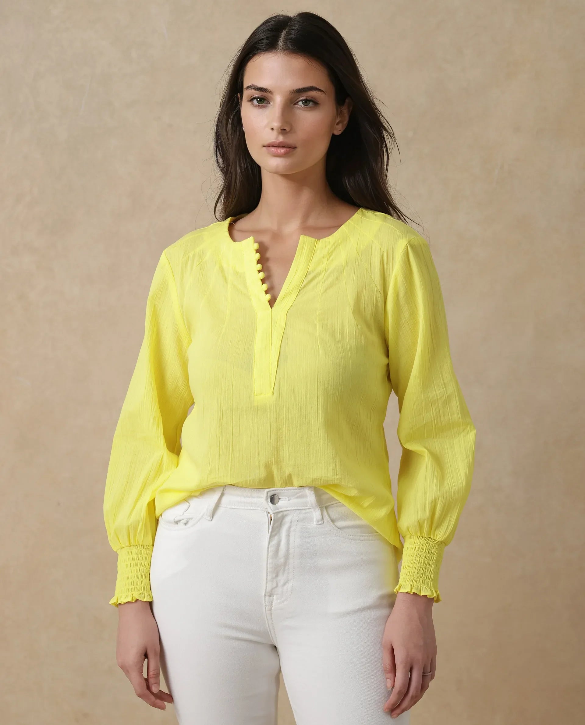 Rareism Women Mante Yellow Bishop Sleeve Round Neck Plain Top