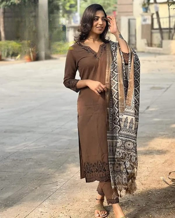 Brown Embroidered Cotton Suit Set with Dupatta