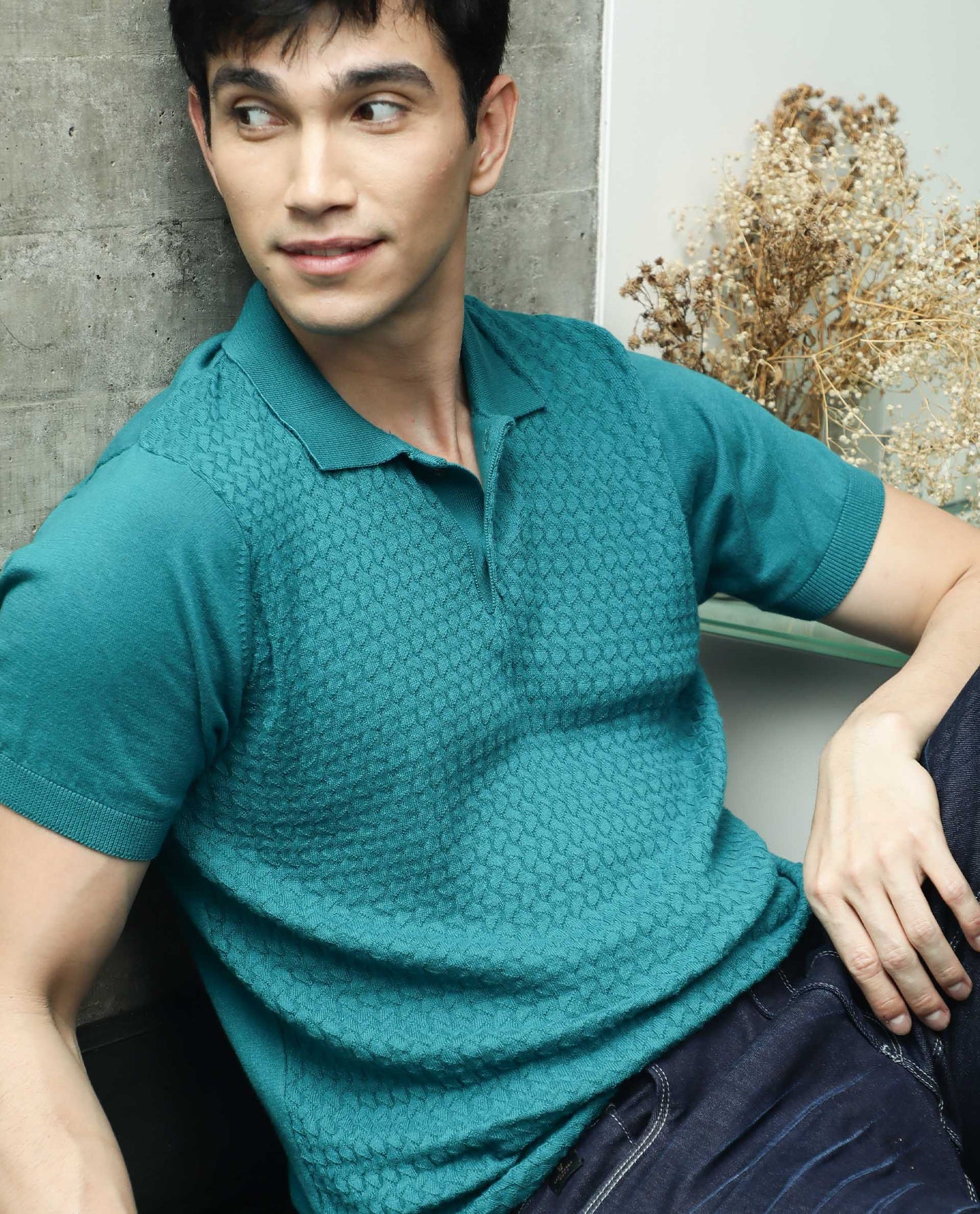 Rare Rabbit Men's Lincos Petrol Cotton Fabric Half Sleeves Jacquard Structured Polo T-Shirt