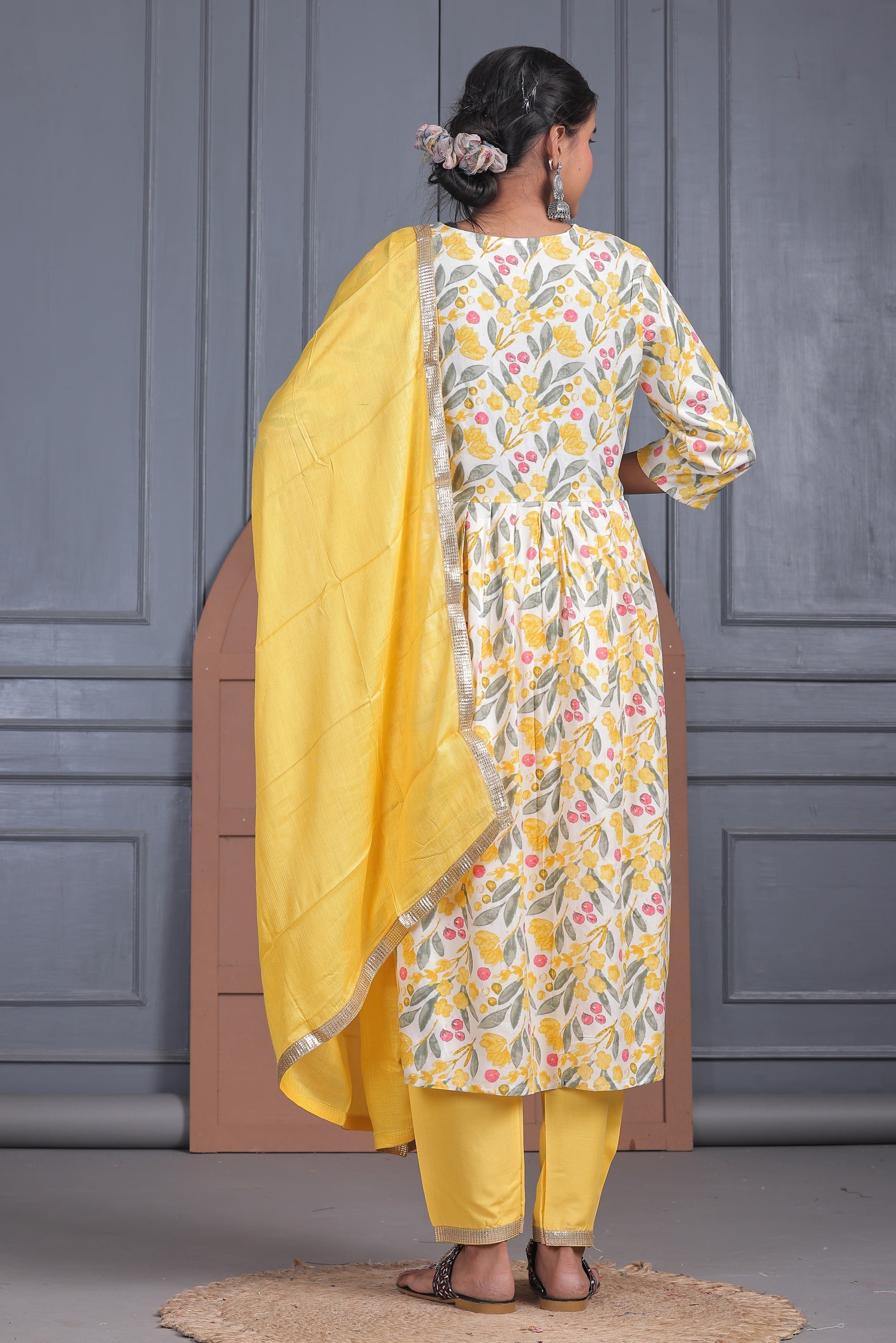 Yellow Printed Rayon Kurta set with Dupatta