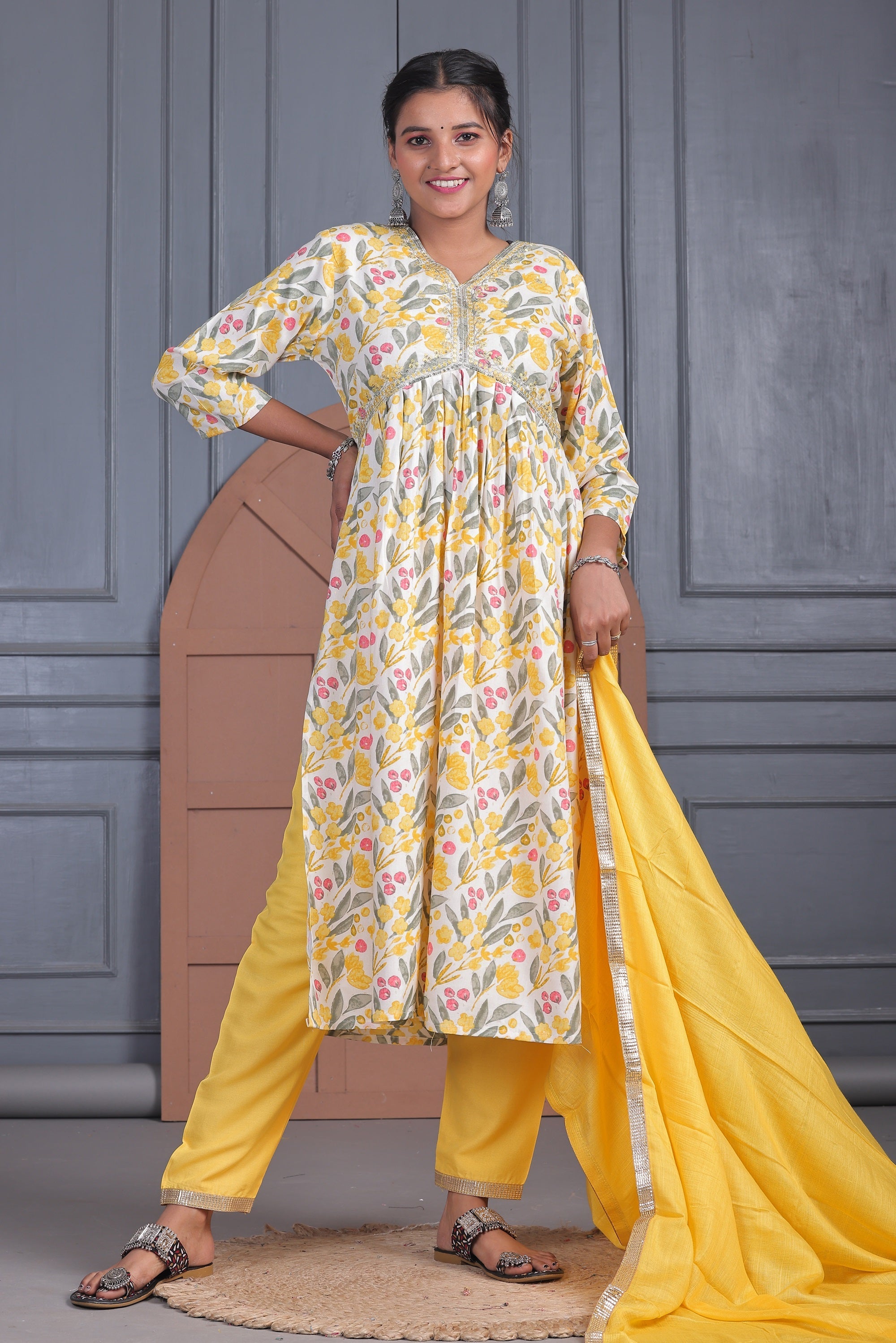 Yellow Printed Rayon Kurta set with Dupatta