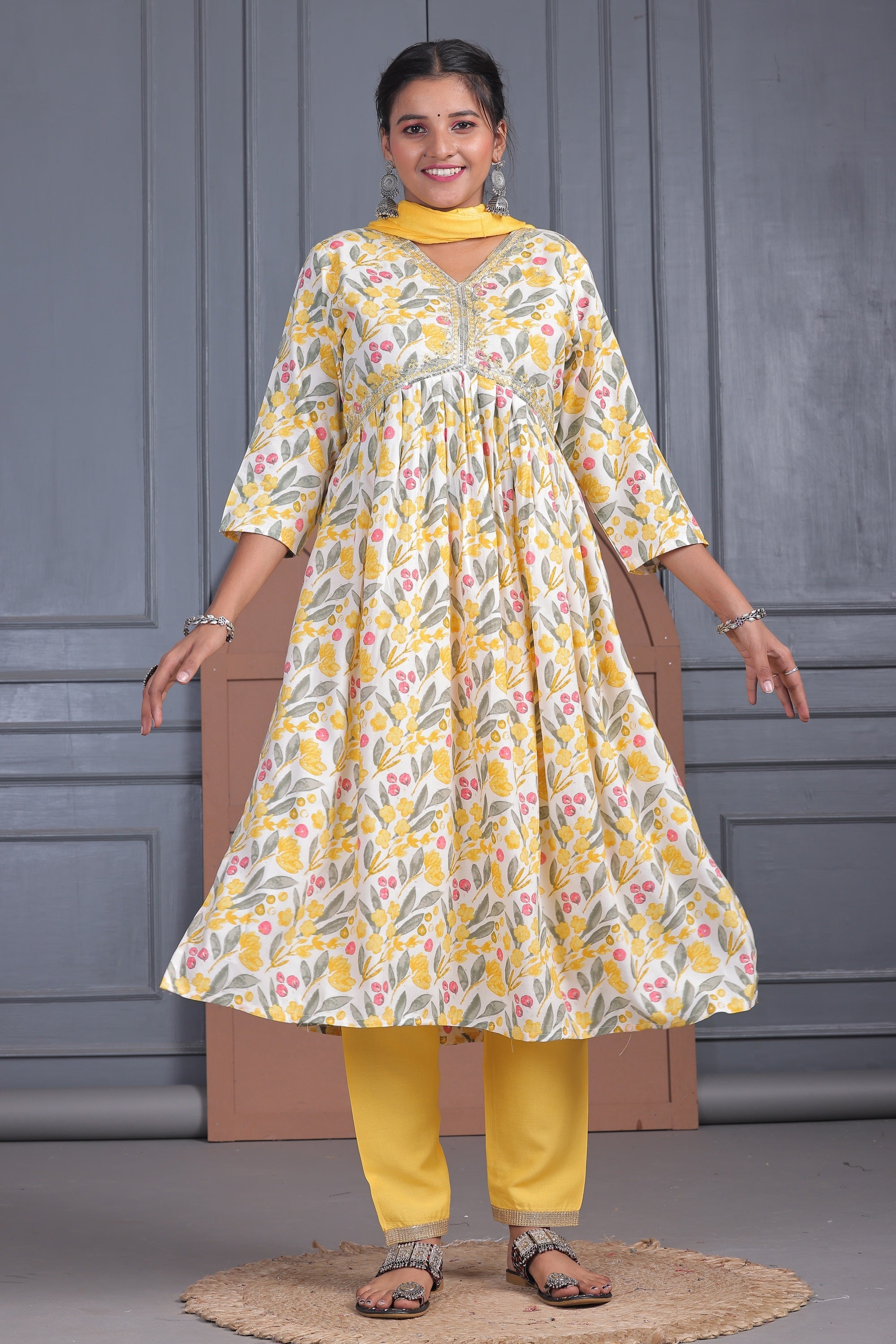 Yellow Printed Rayon Kurta set with Dupatta