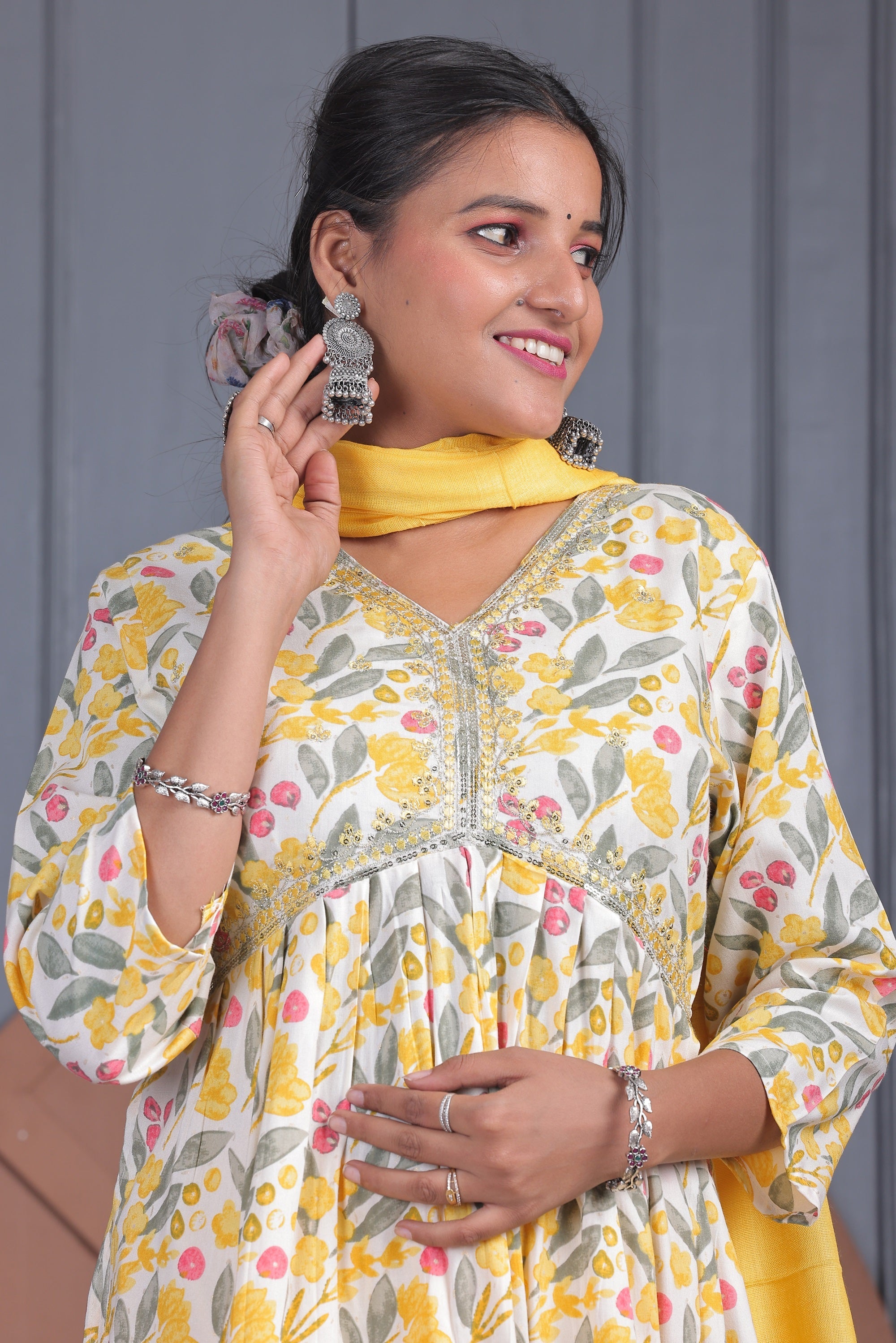 Yellow Printed Rayon Kurta set with Dupatta