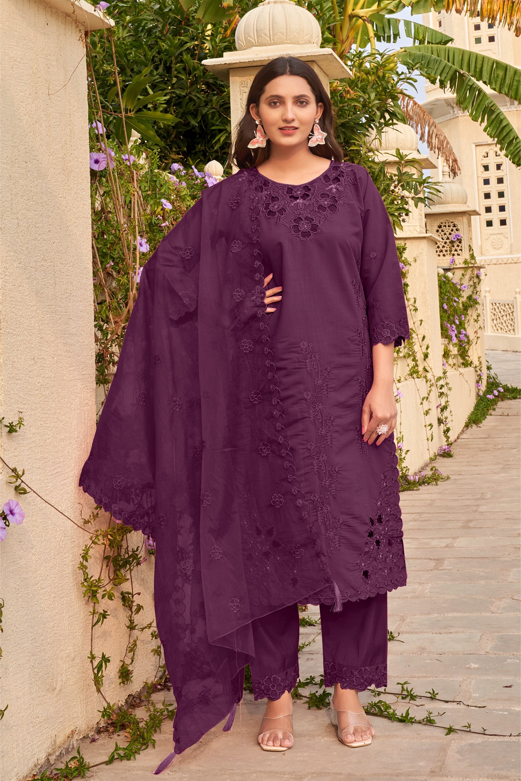 Wine Berry Khatli Cut Work Ragga Roman Silk Suit Set with Organza Dupatta