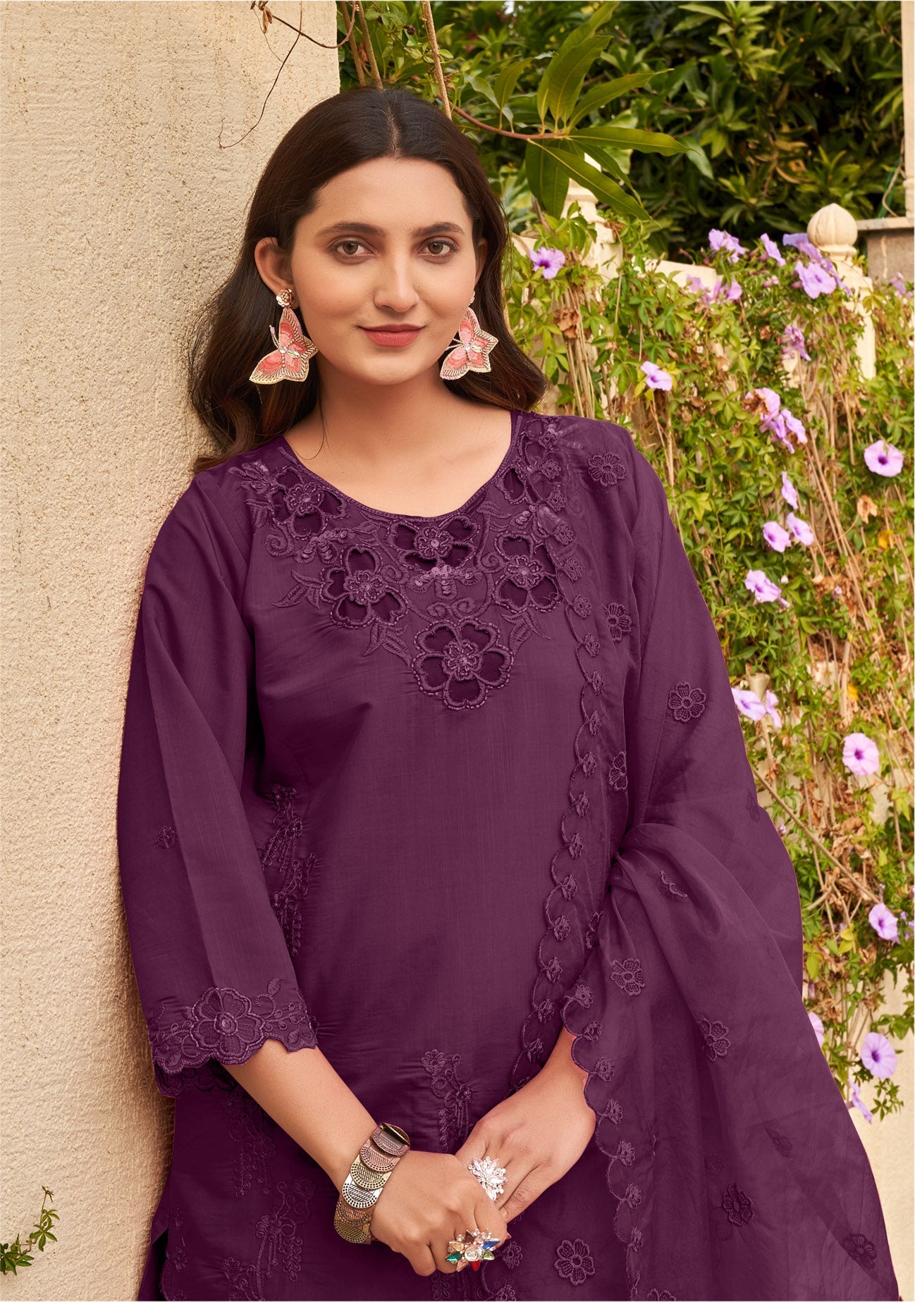 Wine Berry Khatli Cut Work Ragga Roman Silk Suit Set with Organza Dupatta