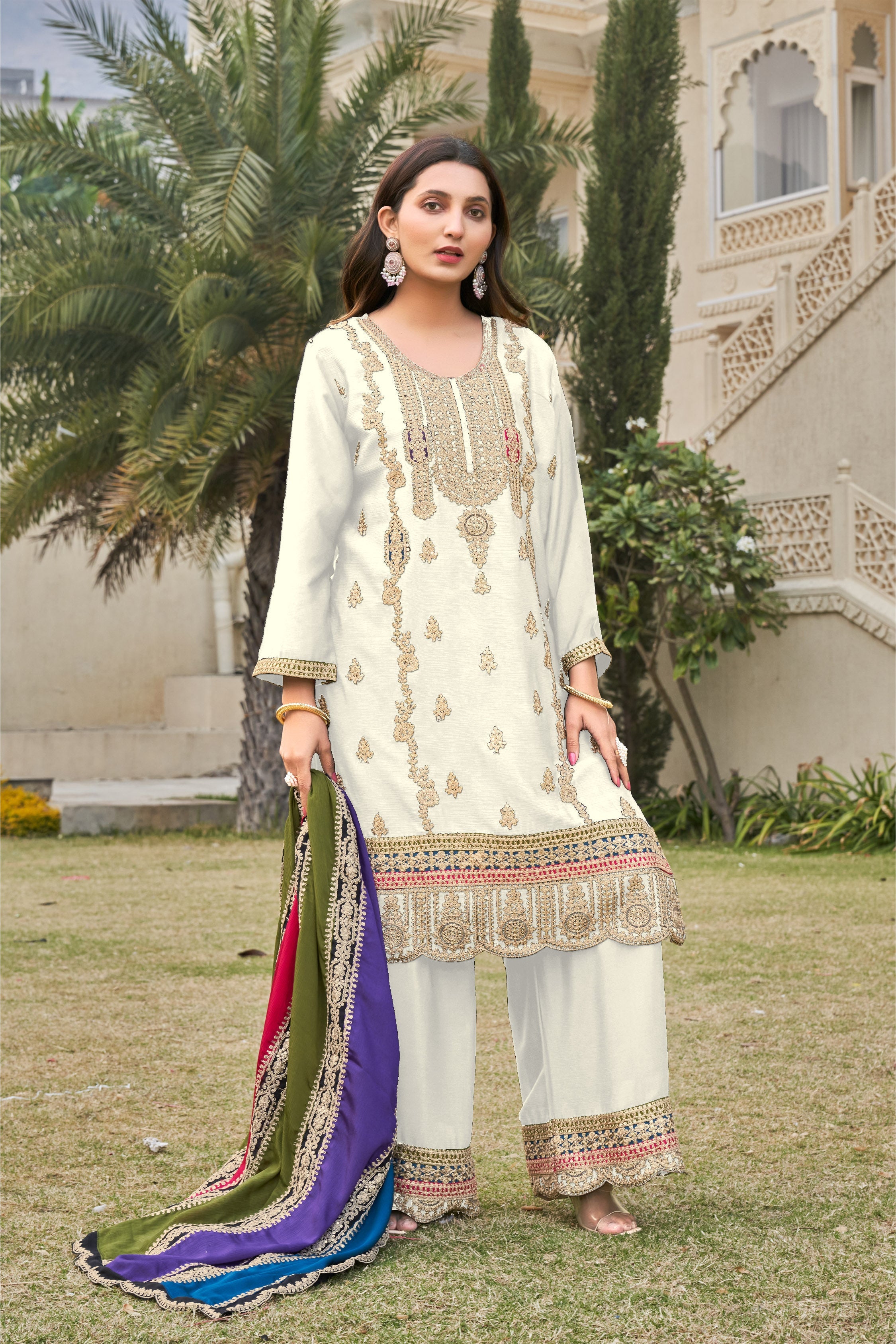 White Heavy Embroidered Chinon Suit Set with Dupatta