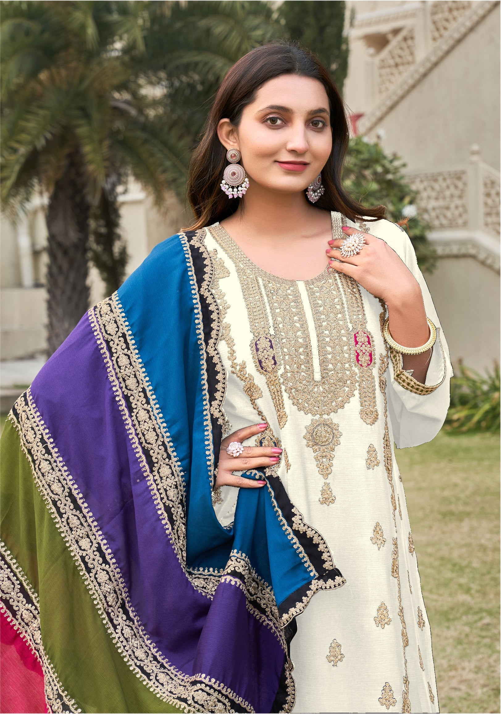 White Heavy Embroidered Chinon Suit Set with Dupatta