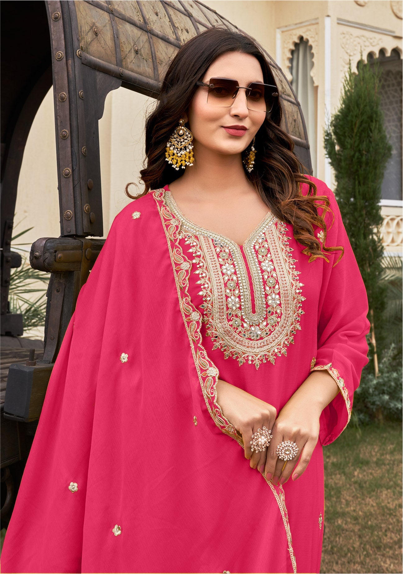 Cerise Pink Embroidered Pure Chinon Kurta and Palazzo Set with Dupatta