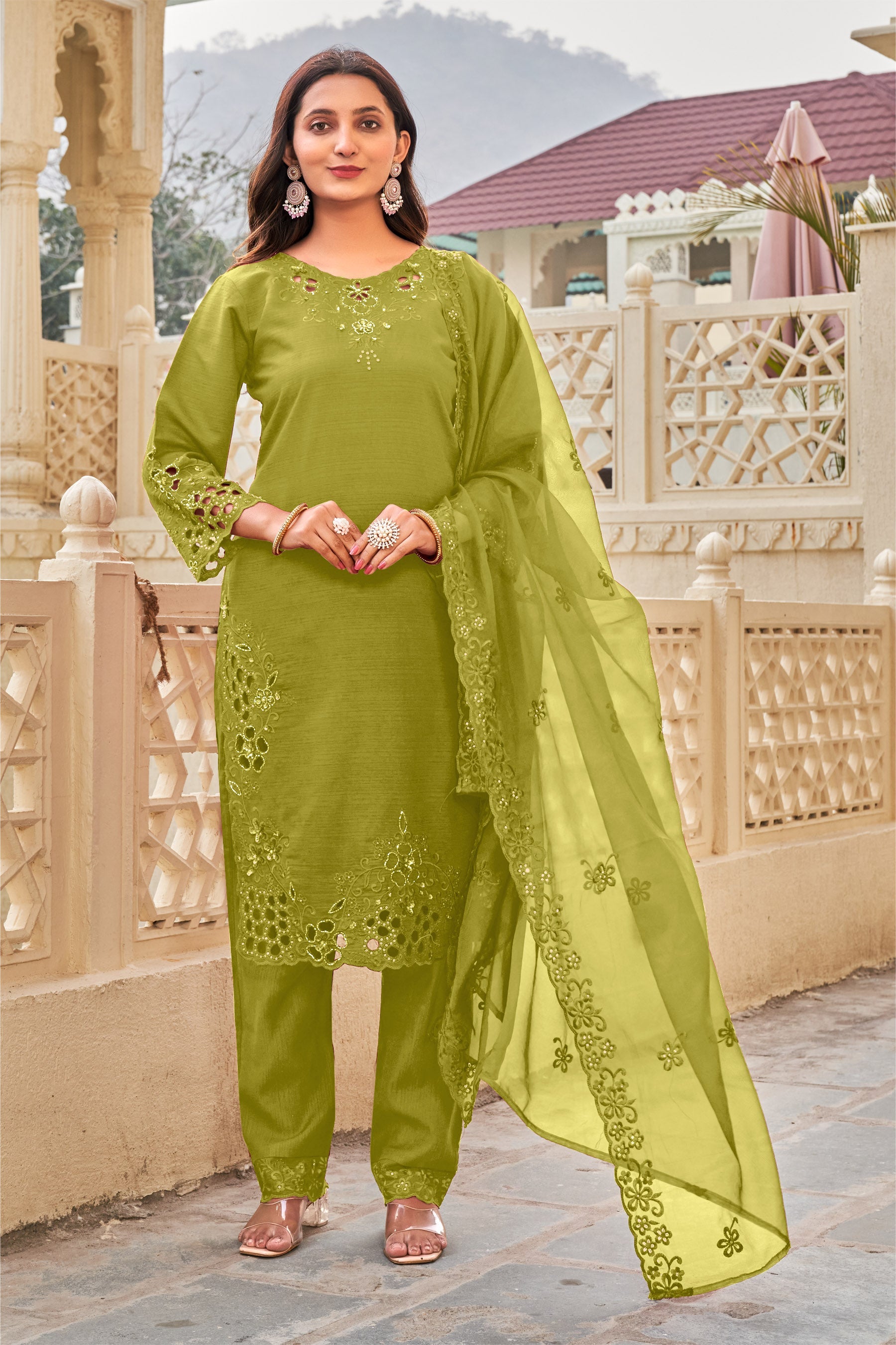 Alpine Khatli Cut Work Ragga Roman Silk Suit Set with Organza Dupatta