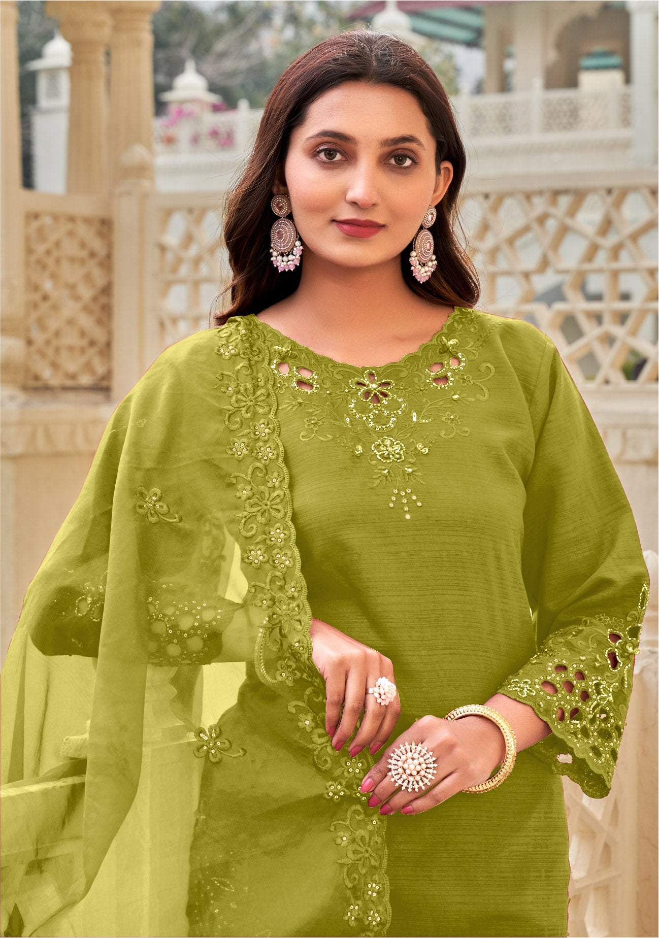 Alpine Khatli Cut Work Ragga Roman Silk Suit Set with Organza Dupatta