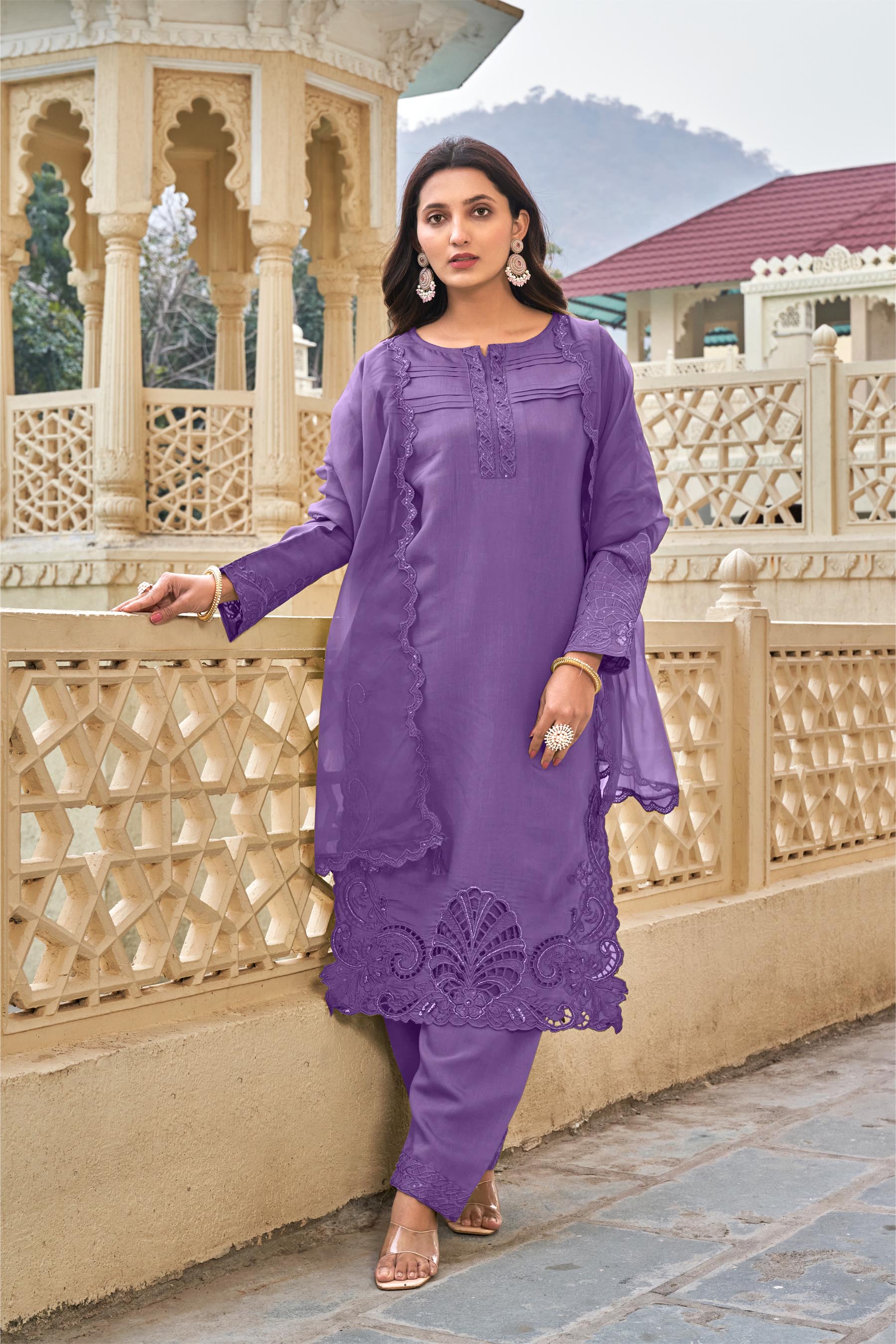 Viola Purple Ragga Roman Silk Slub Khatli Cut work Suit Set with Organza Dupatta