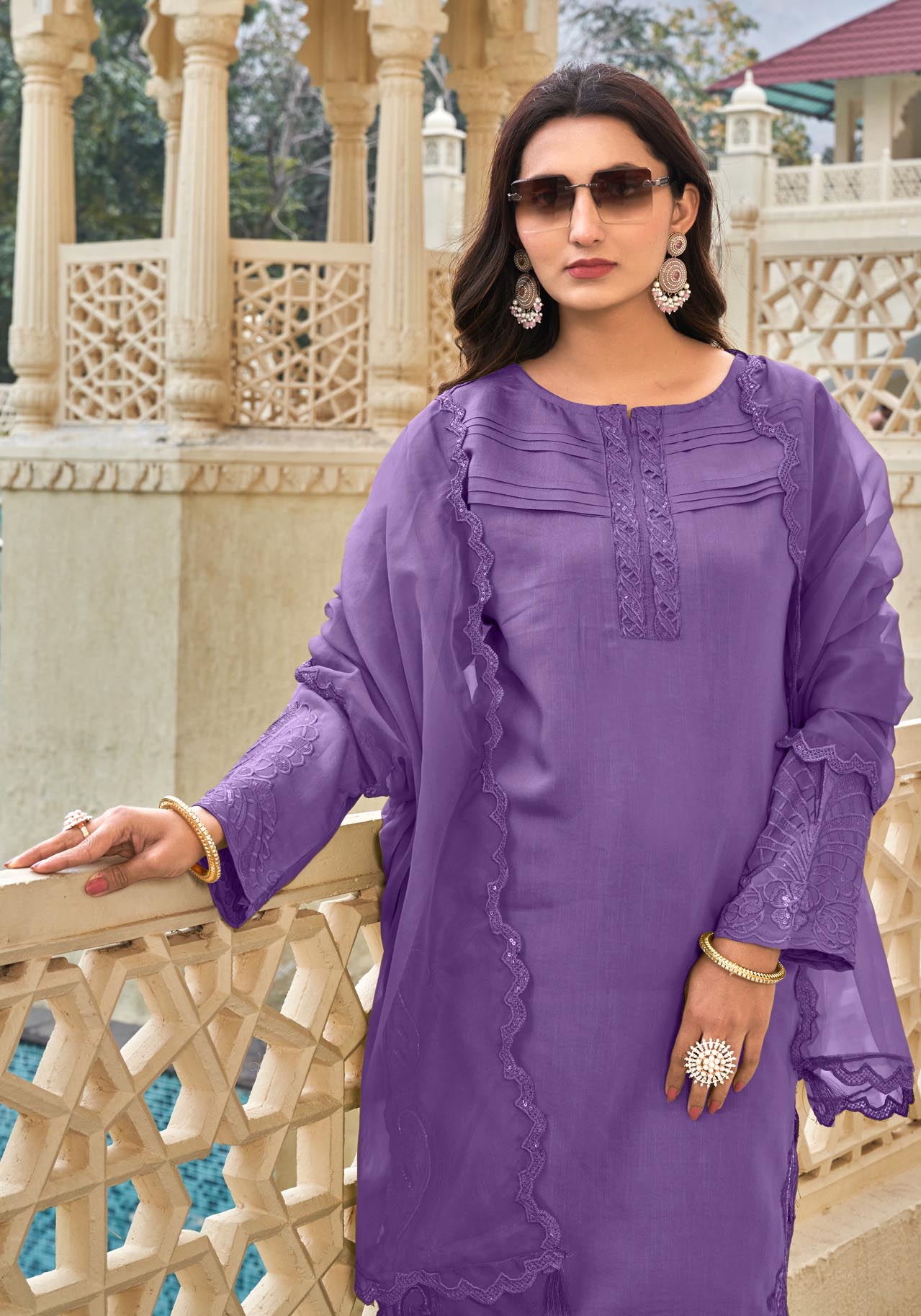 Viola Purple Ragga Roman Silk Slub Khatli Cut work Suit Set with Organza Dupatta