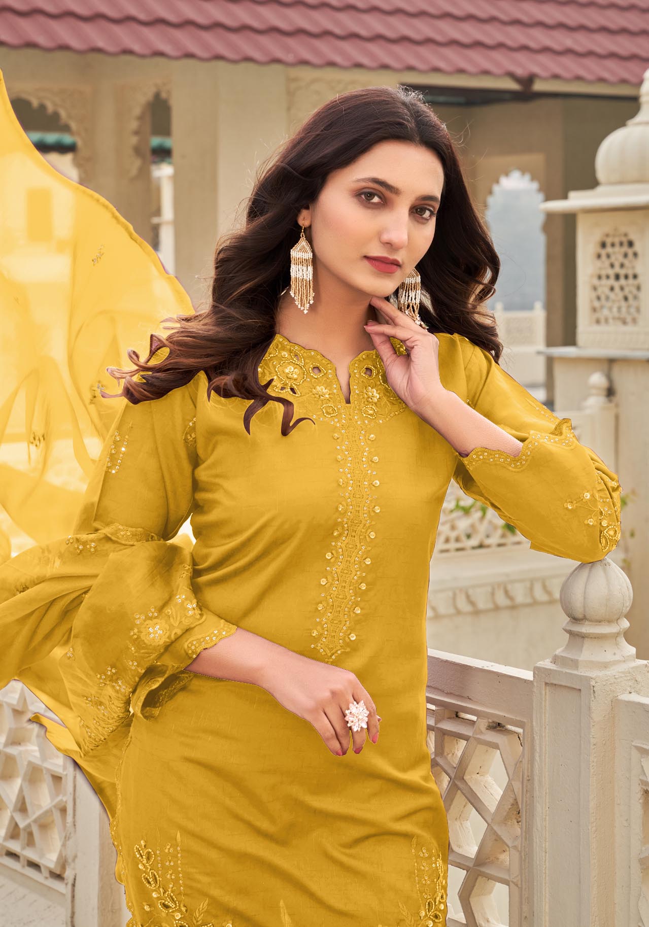 Fuel Yellow Ragga Roman Silk Slub Khatli Cut work Suit Set with Organza Dupatta