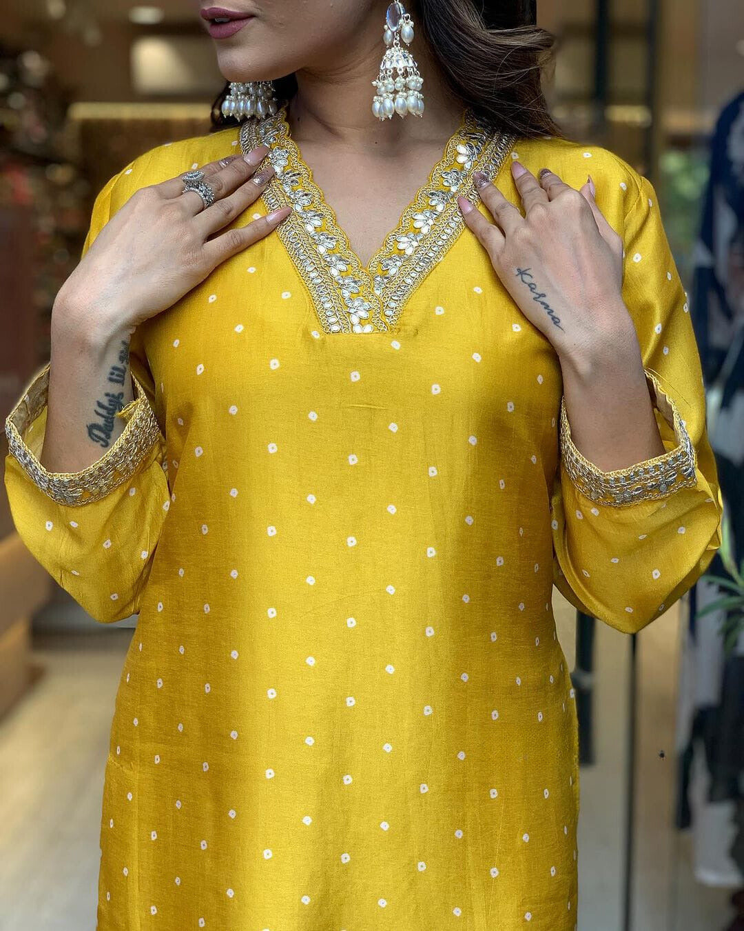 Yellow Embroidered Chinon Suit Set with Lehariya Dupatta