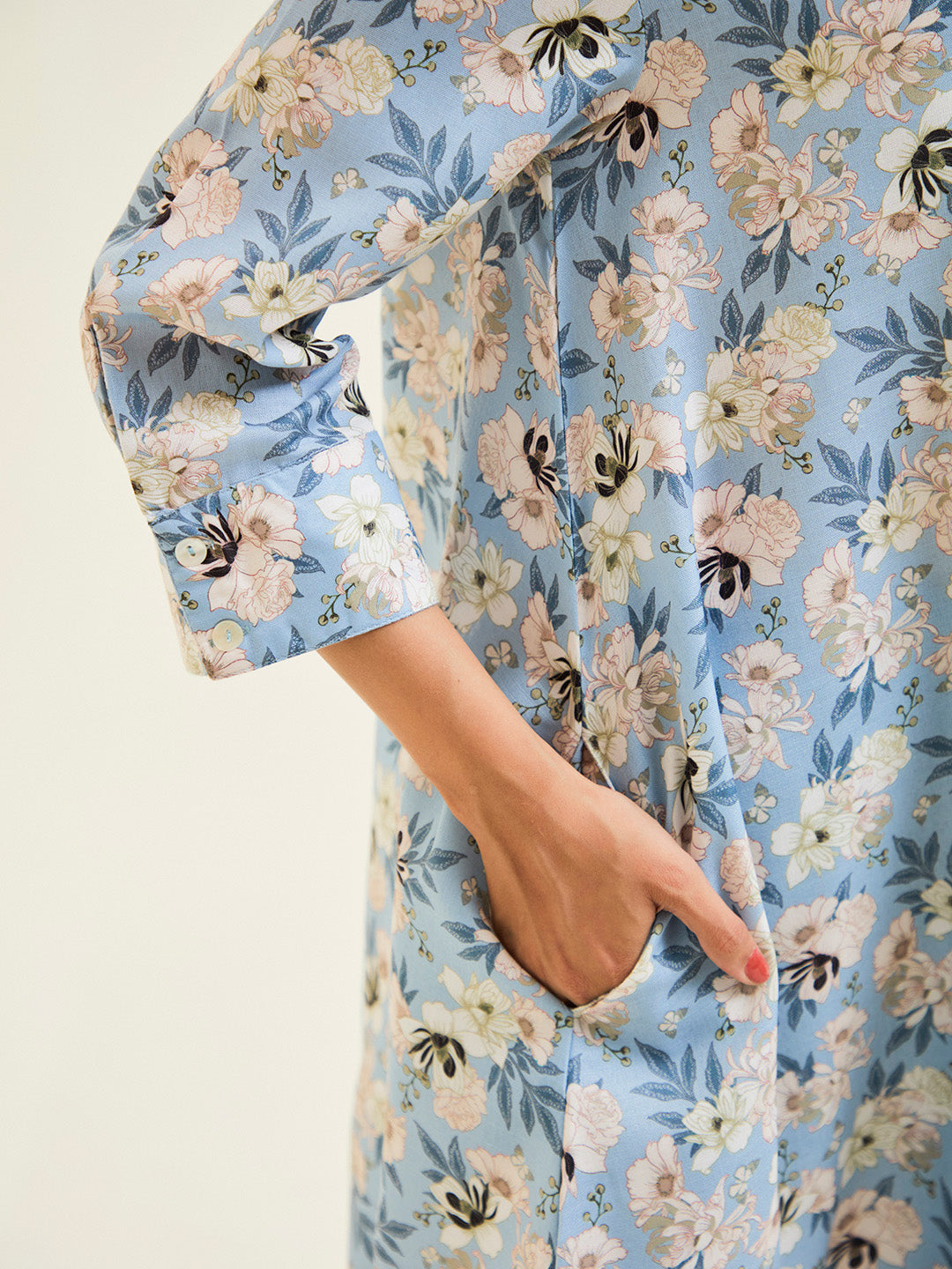 Blue A-line Floral Kurta With Pants