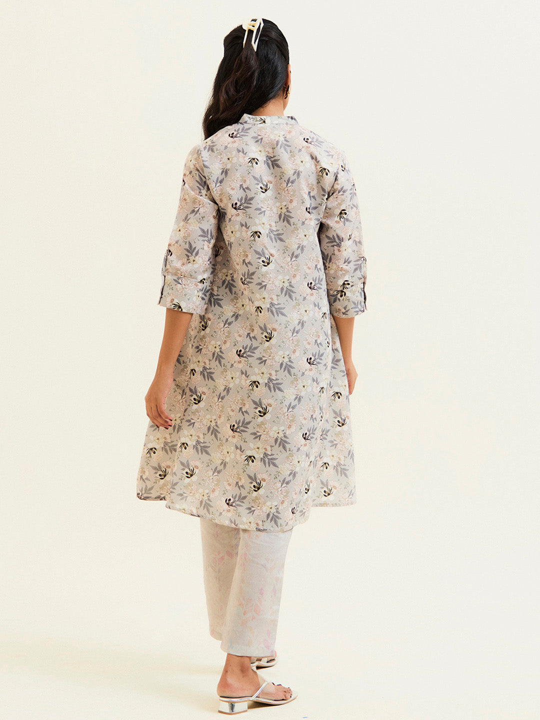 Sand Grey A-line Floral Kurta With Pants