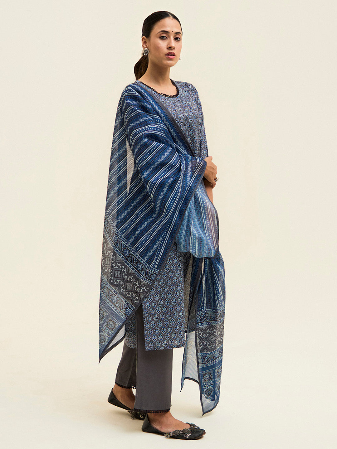 Grey Digital Printed Cotton Suit Set