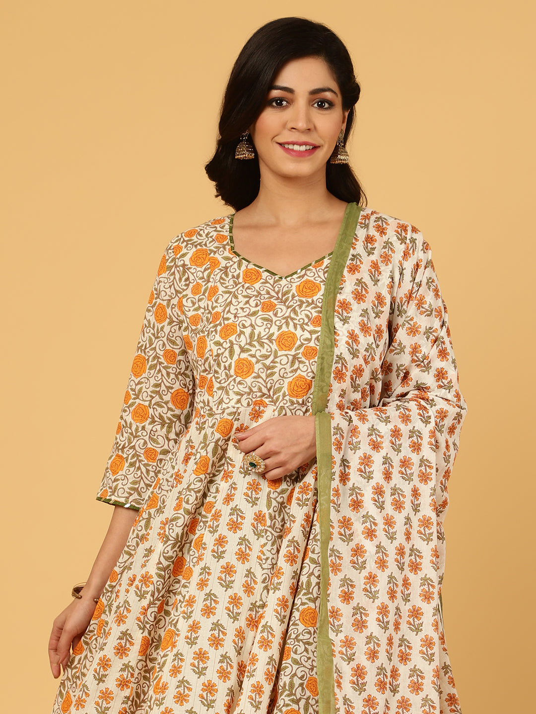 Mughal Motif Cotton Anarkali Kurta With Palazzo And Printed Dupatta